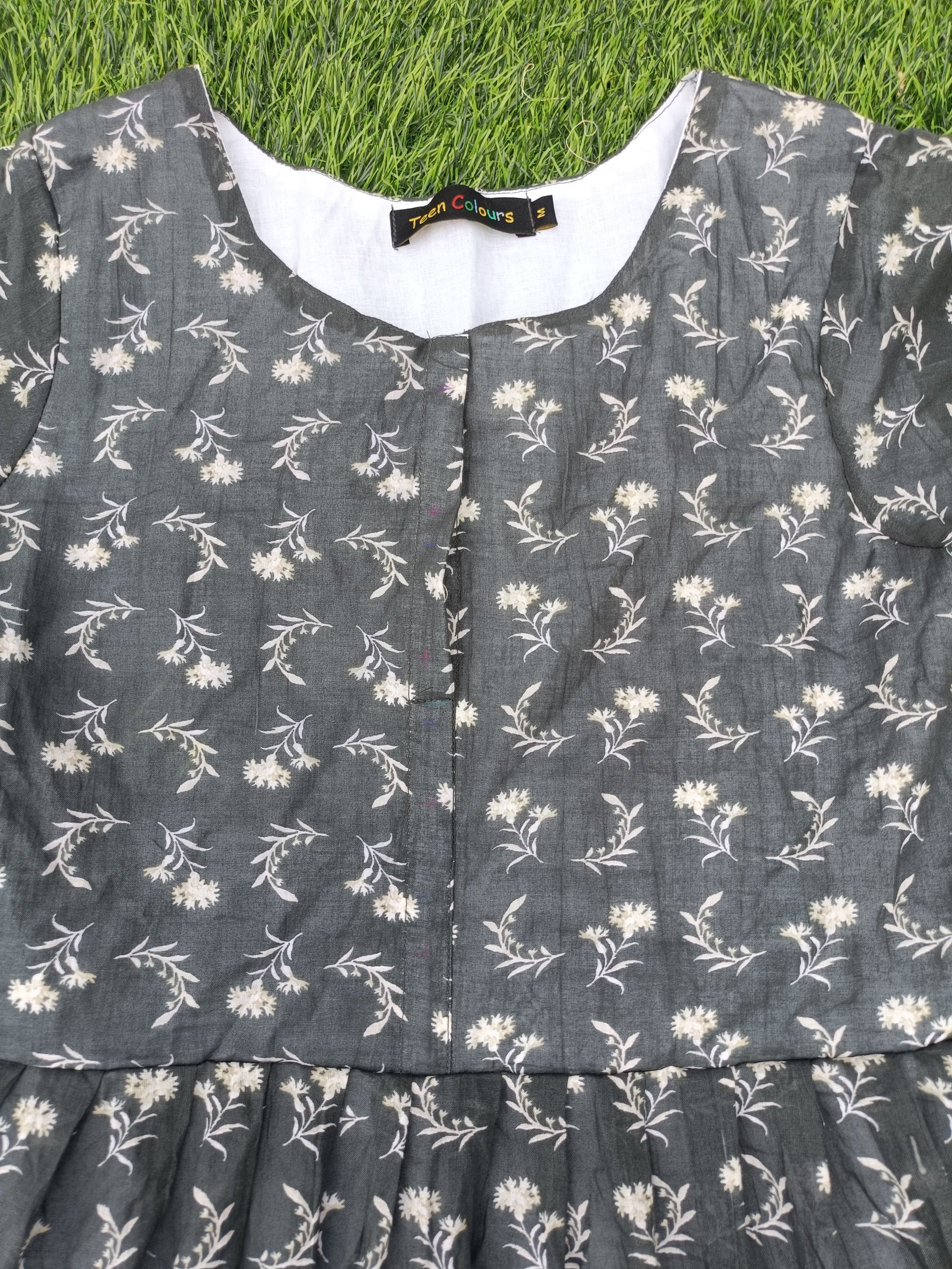 Women's Dark Grey Printed Flared Umbrella model kurti with inner lining and Elbow Sleeves