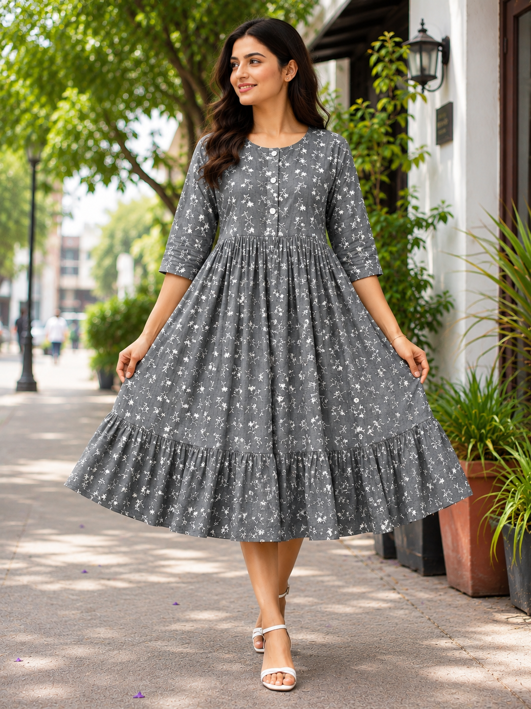 Women's Dark Grey Printed Flared Umbrella model kurti with inner lining and Elbow Sleeves