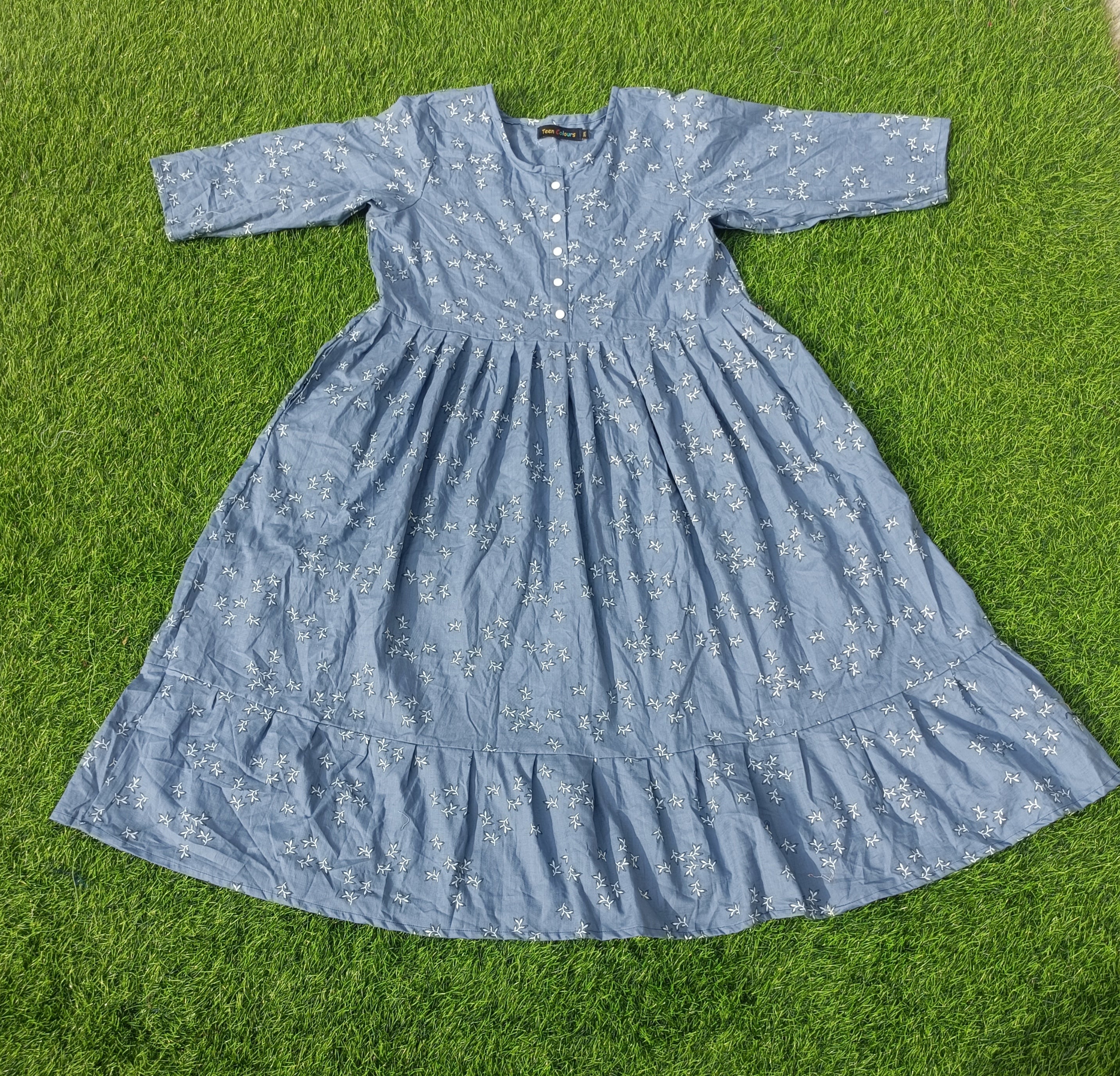 Women's Dusty Blue Printed Flared Umbrella model kurti with Elbow Sleeves