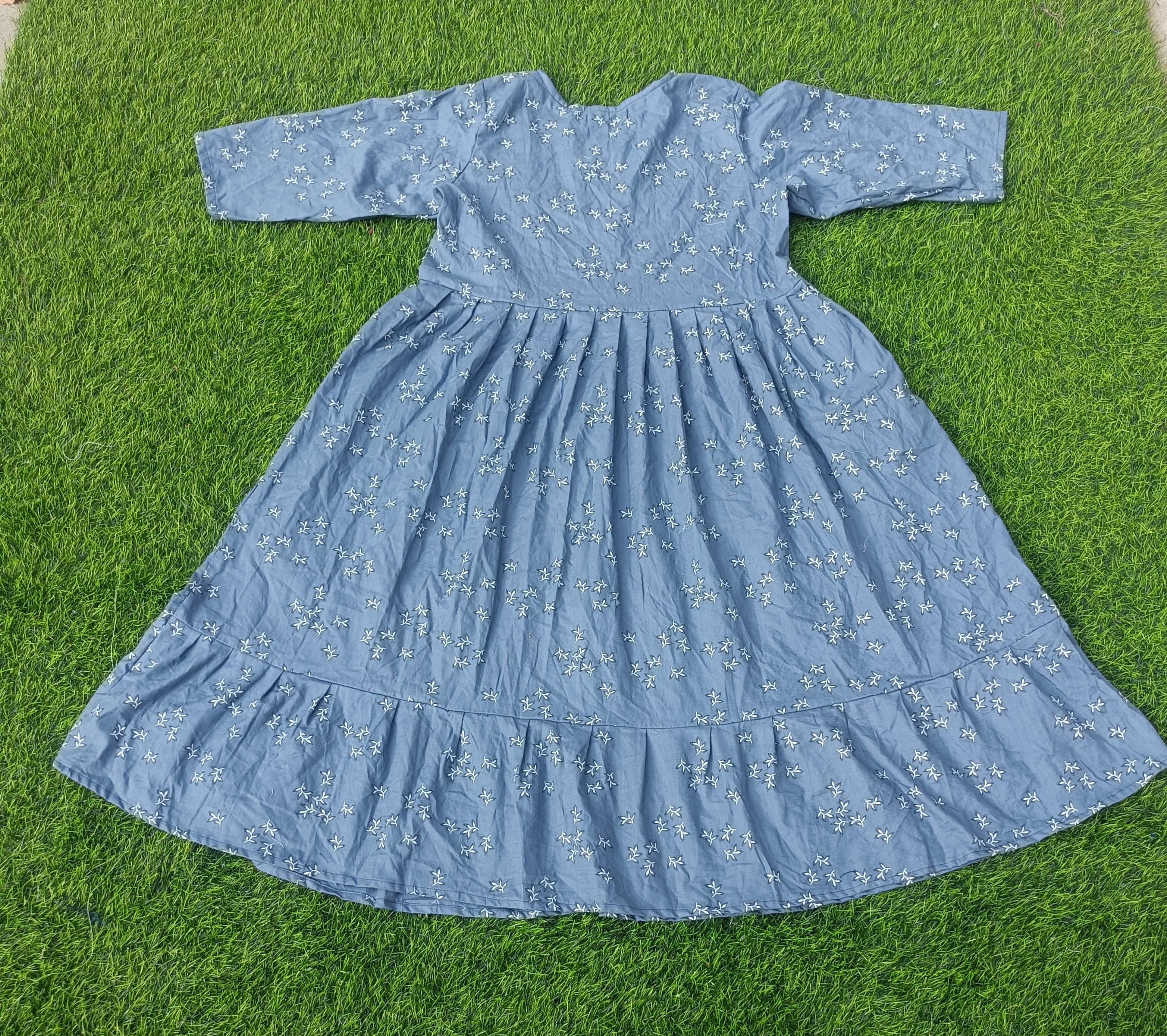 Women's Dusty Blue Printed Flared Umbrella model kurti with Elbow Sleeves