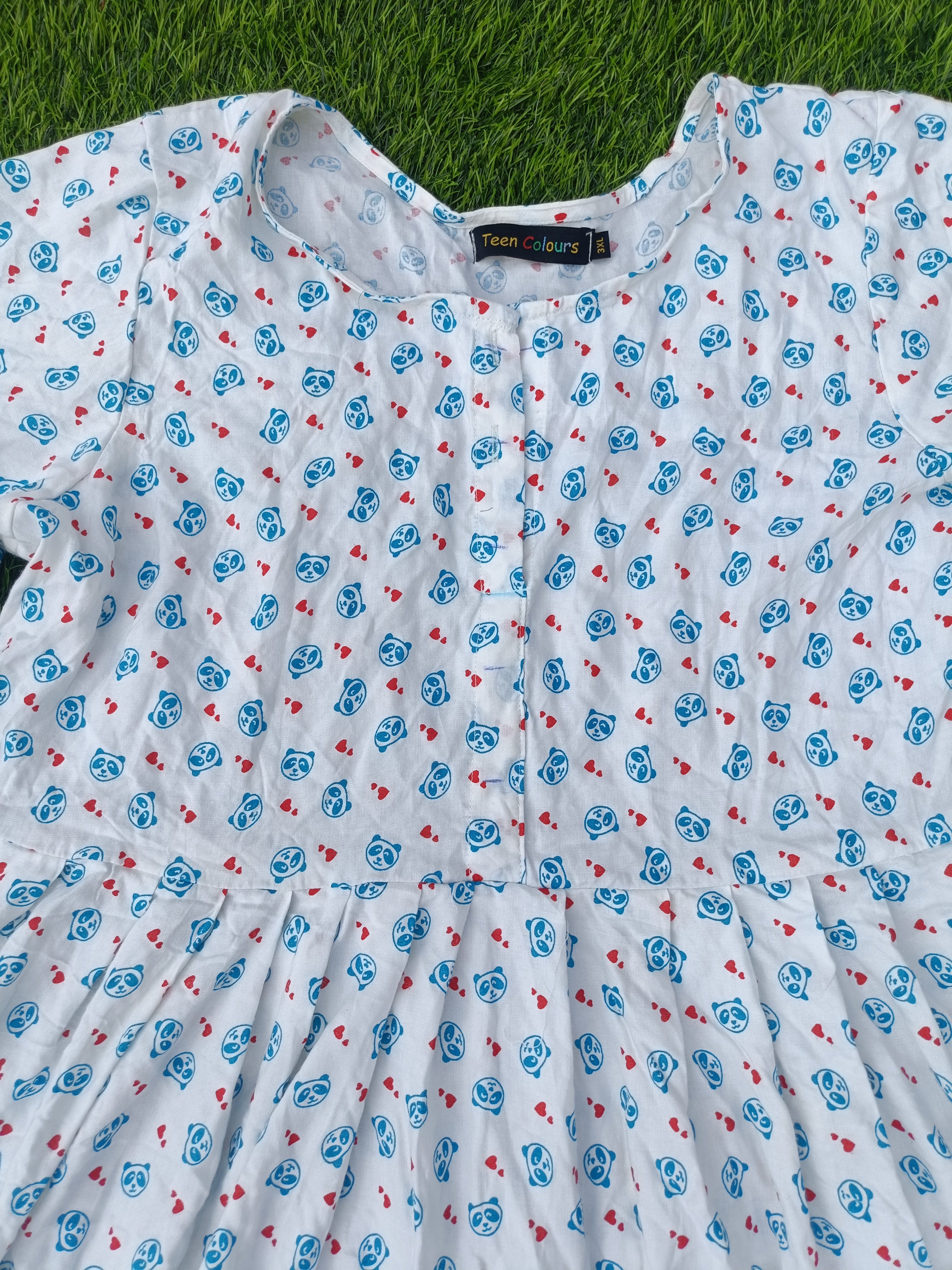 Women's  White with Blue and Red Print Printed Flared Umbrella model kurti with Elbow Sleeves