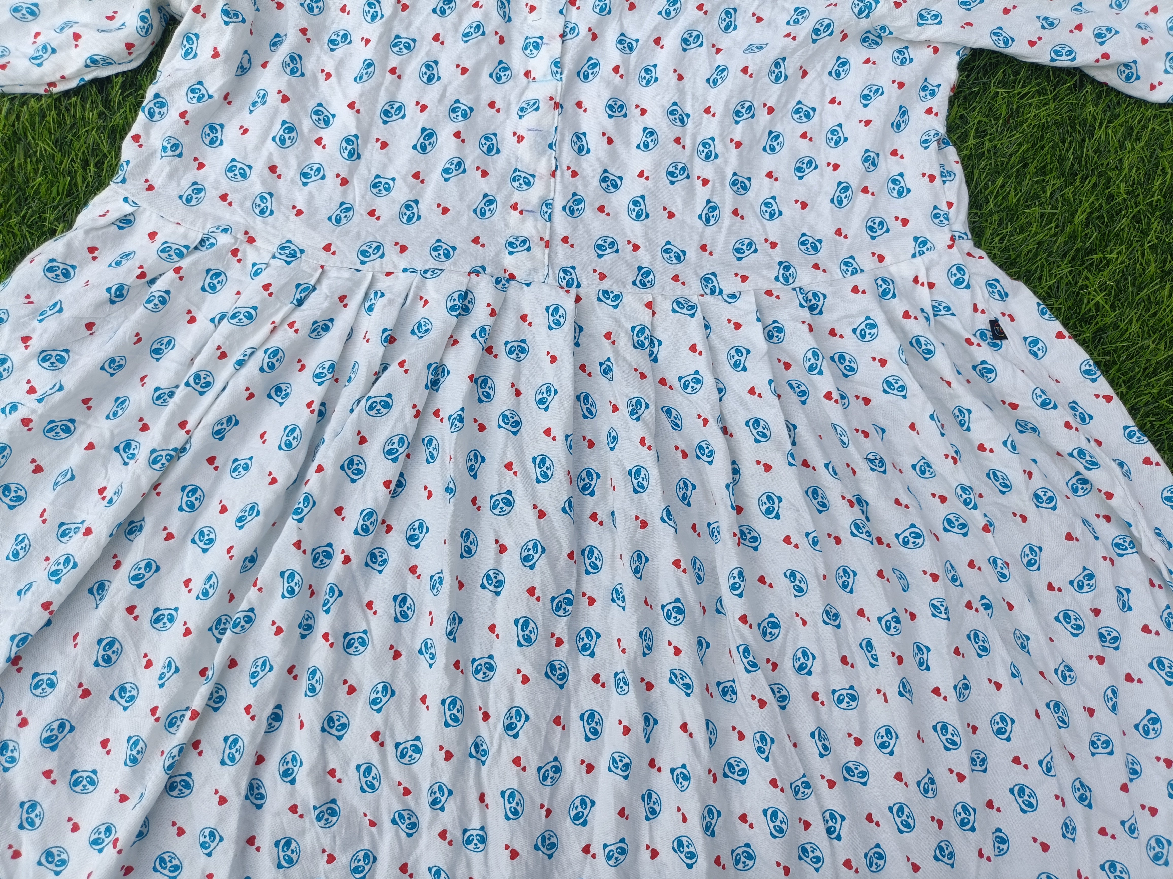 Women's  White with Blue and Red Print Printed Flared Umbrella model kurti with Elbow Sleeves