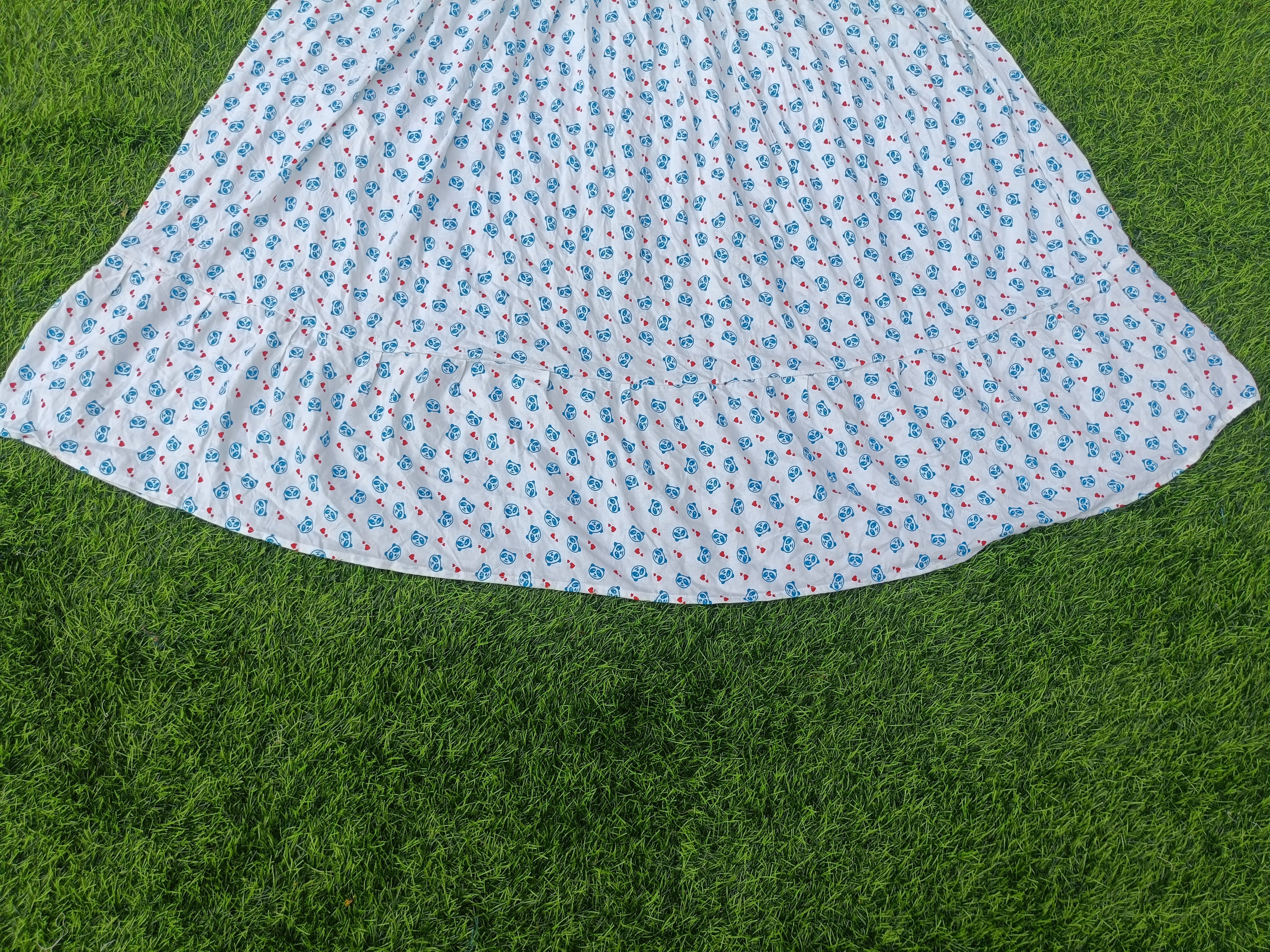 Women's  White with Blue and Red Print Printed Flared Umbrella model kurti with Elbow Sleeves