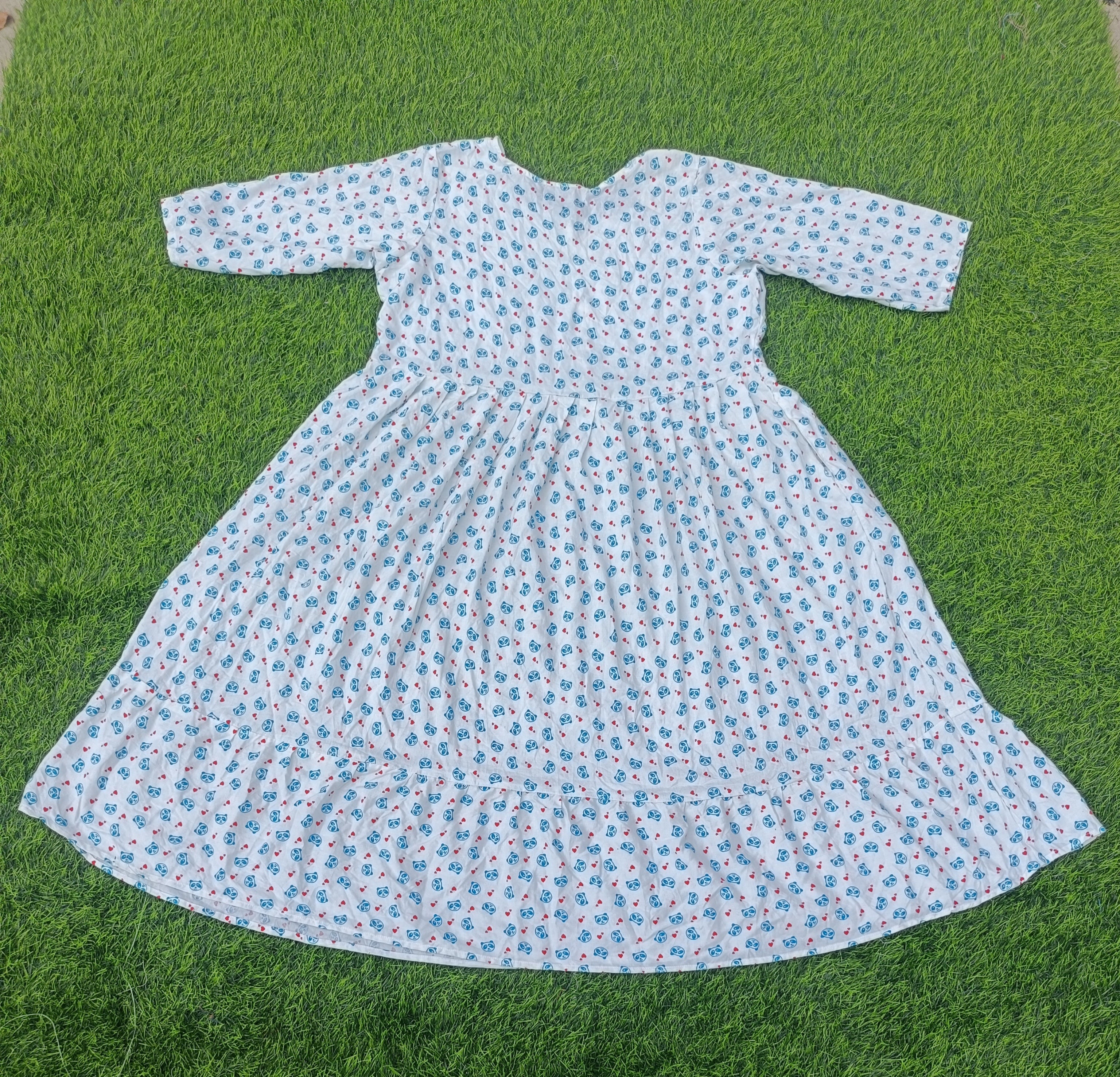 Women's  White with Blue and Red Print Printed Flared Umbrella model kurti with Elbow Sleeves