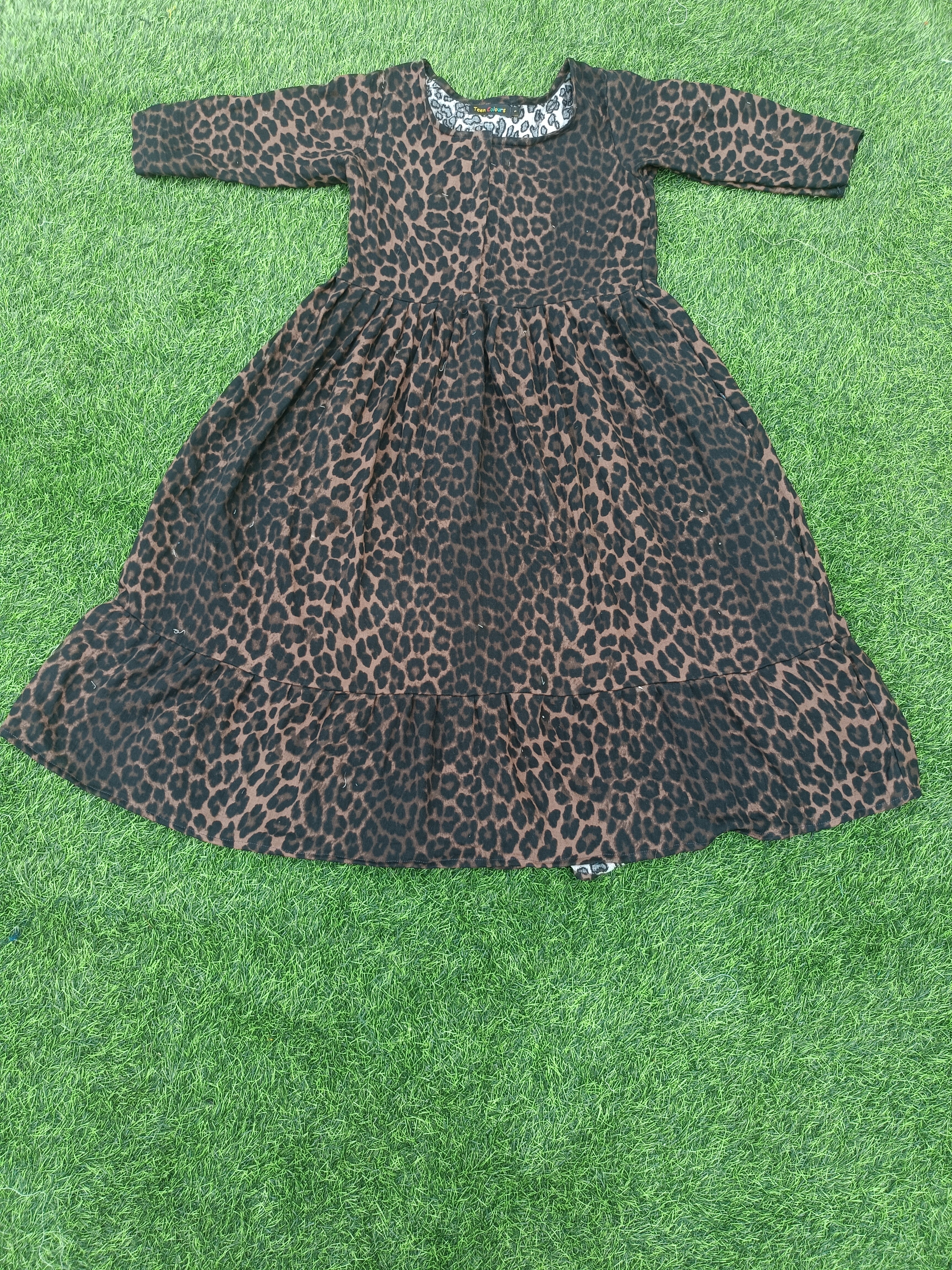 Women's Camel Brown and Black Animal Print Flared Umbrella model kurti with Elbow Sleeves