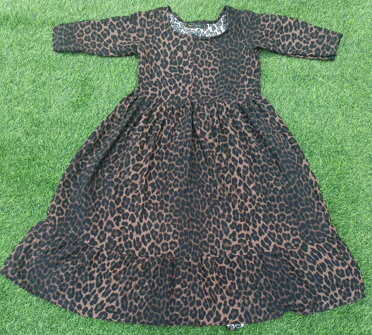 Women's Camel Brown and Black Animal Print Flared Umbrella model kurti with Elbow Sleeves