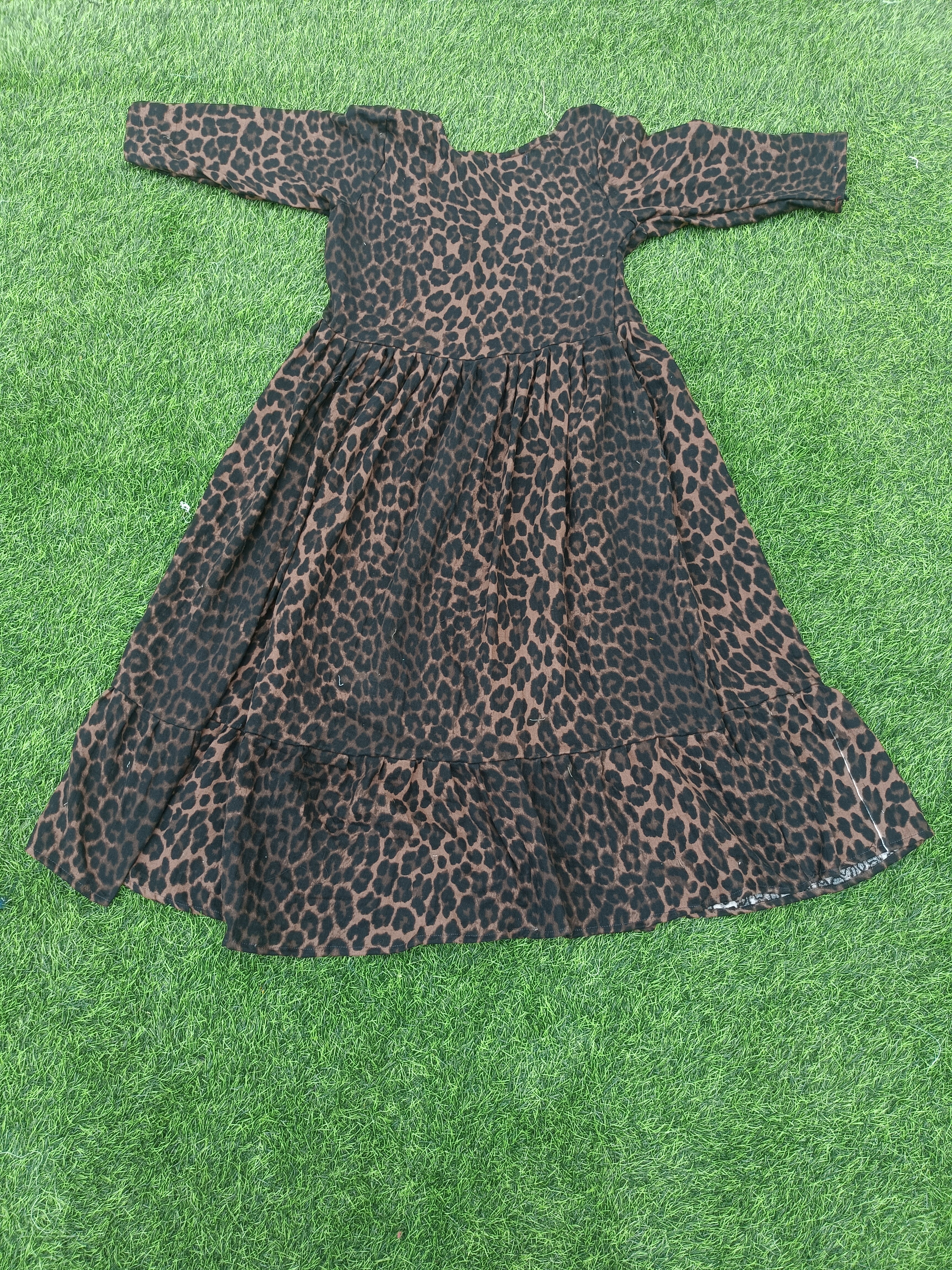 Women's Camel Brown and Black Animal Print Flared Umbrella model kurti with Elbow Sleeves