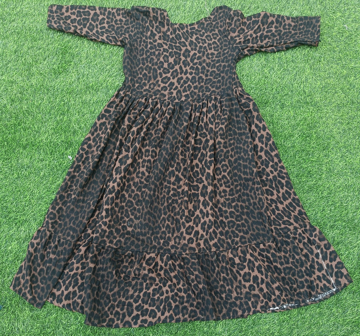 Women's Camel Brown and Black Animal Print Flared Umbrella model kurti with Elbow Sleeves