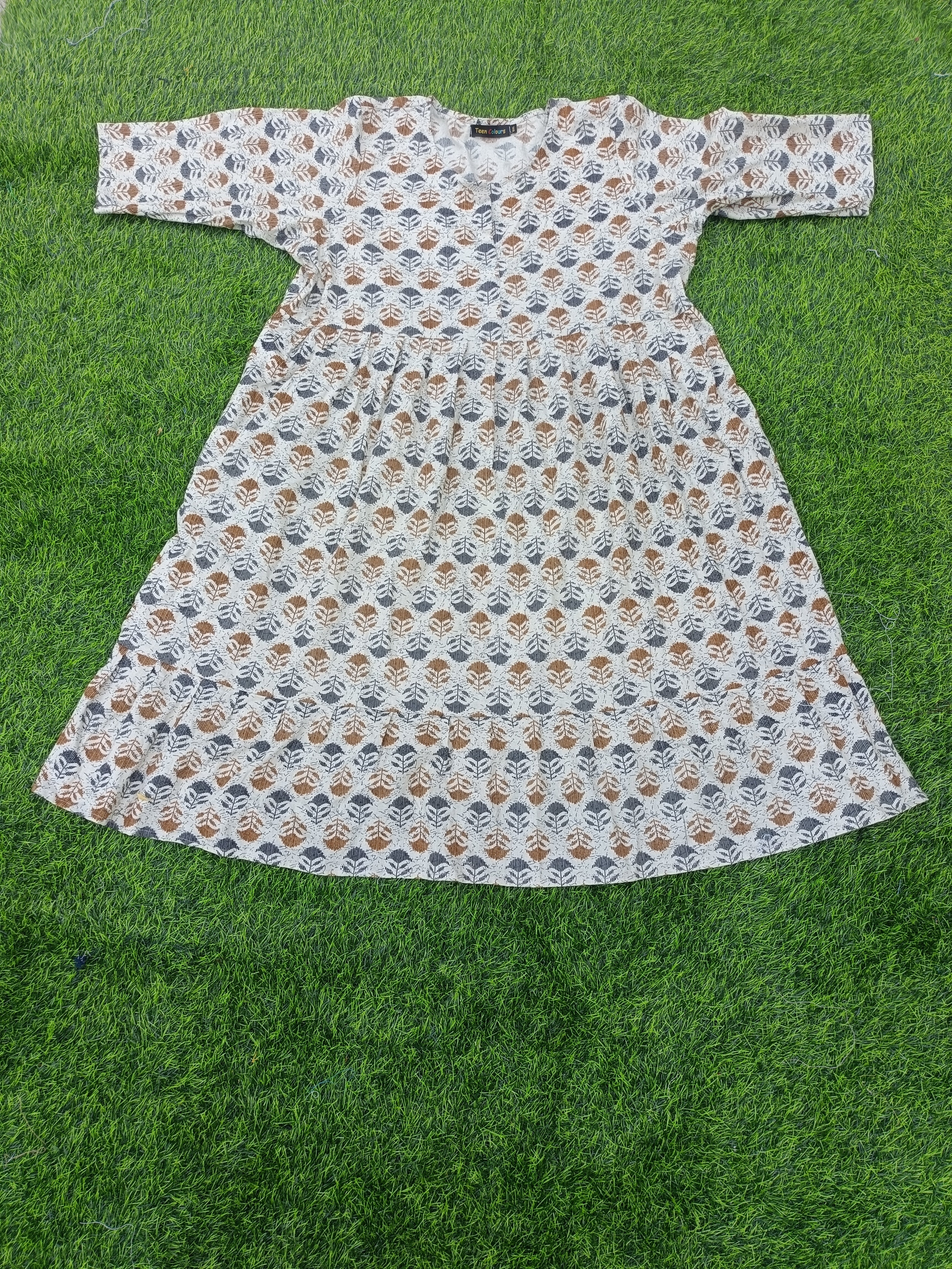 Women's Cream with Brown and Navy Blue Print Printed Flared Umbrella model kurti with Elbow Sleeves