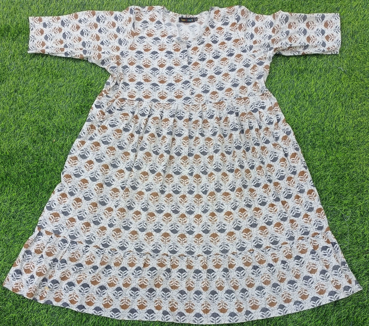 Women's Cream with Brown and Navy Blue Print Printed Flared Umbrella model kurti with Elbow Sleeves