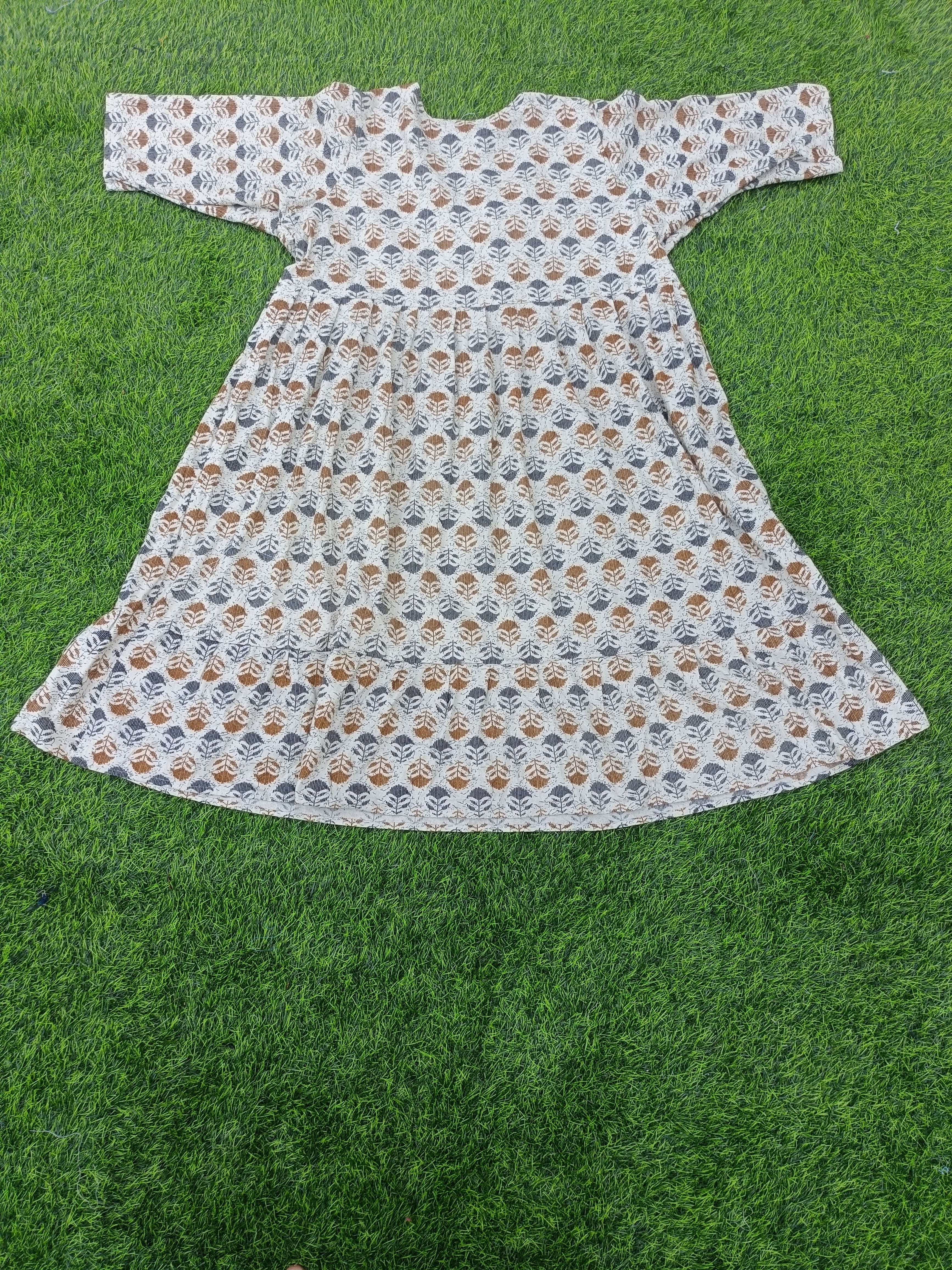 Women's Cream with Brown and Navy Blue Print Printed Flared Umbrella model kurti with Elbow Sleeves