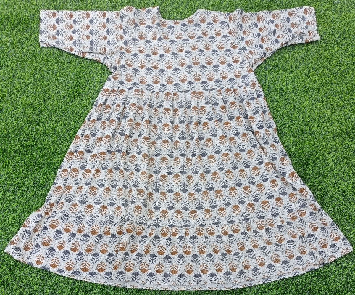 Women's Cream with Brown and Navy Blue Print Printed Flared Umbrella model kurti with Elbow Sleeves