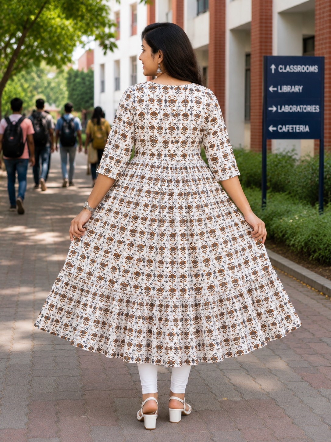 Women's Cream with Brown and Navy Blue Print Printed Flared Umbrella model kurti with Elbow Sleeves