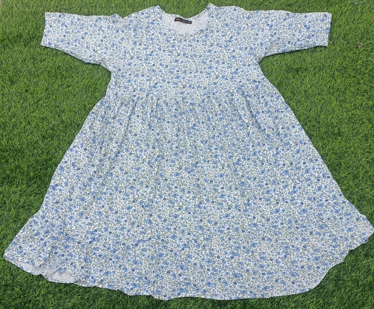 Women's Off-White with Blue Floral Print Flared Umbrella model kurti with Elbow Sleeves