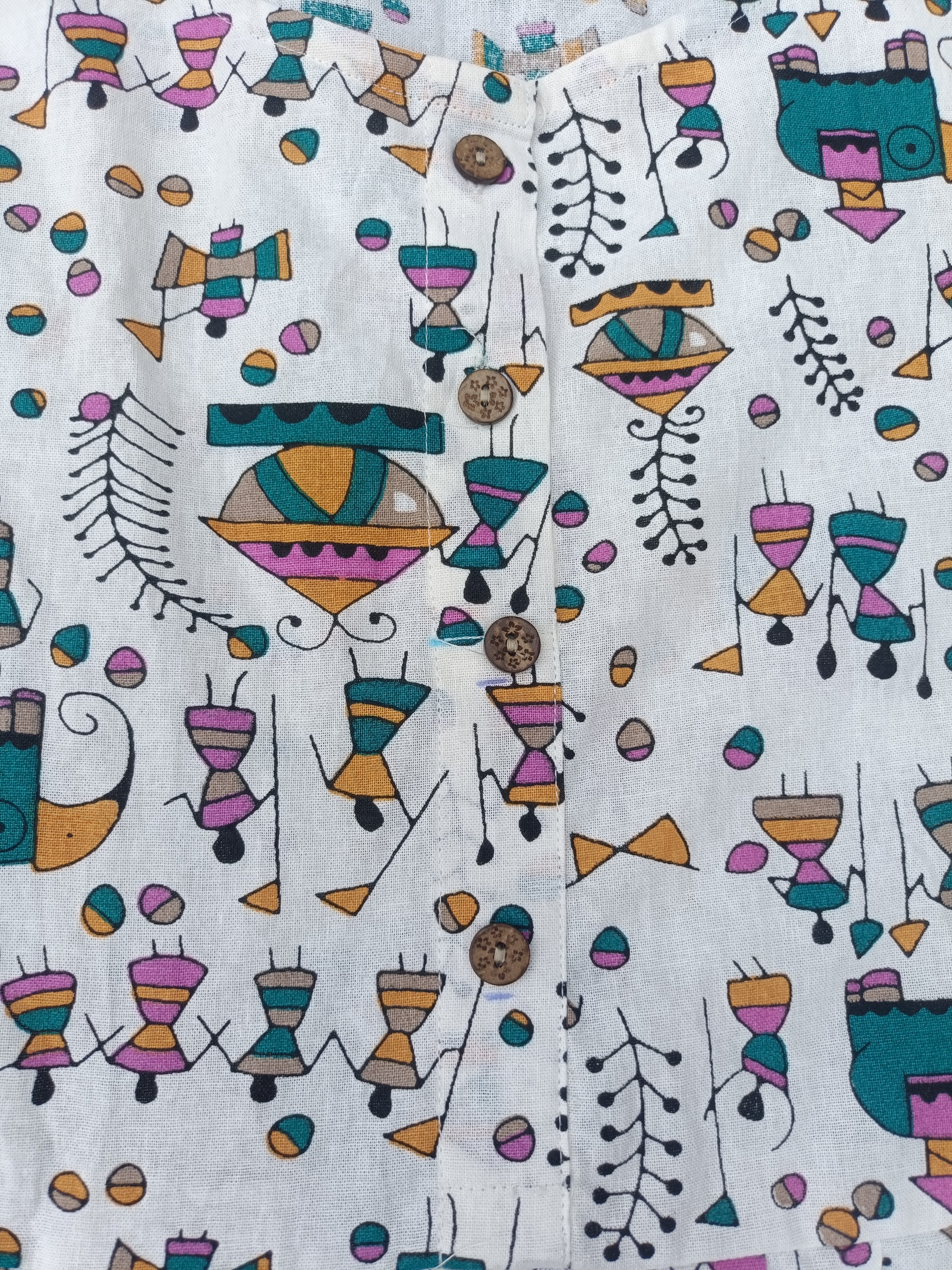 Women's Off-White with Multicolour  Printed Flared Umbrella model kurti with Elbow Sleeves