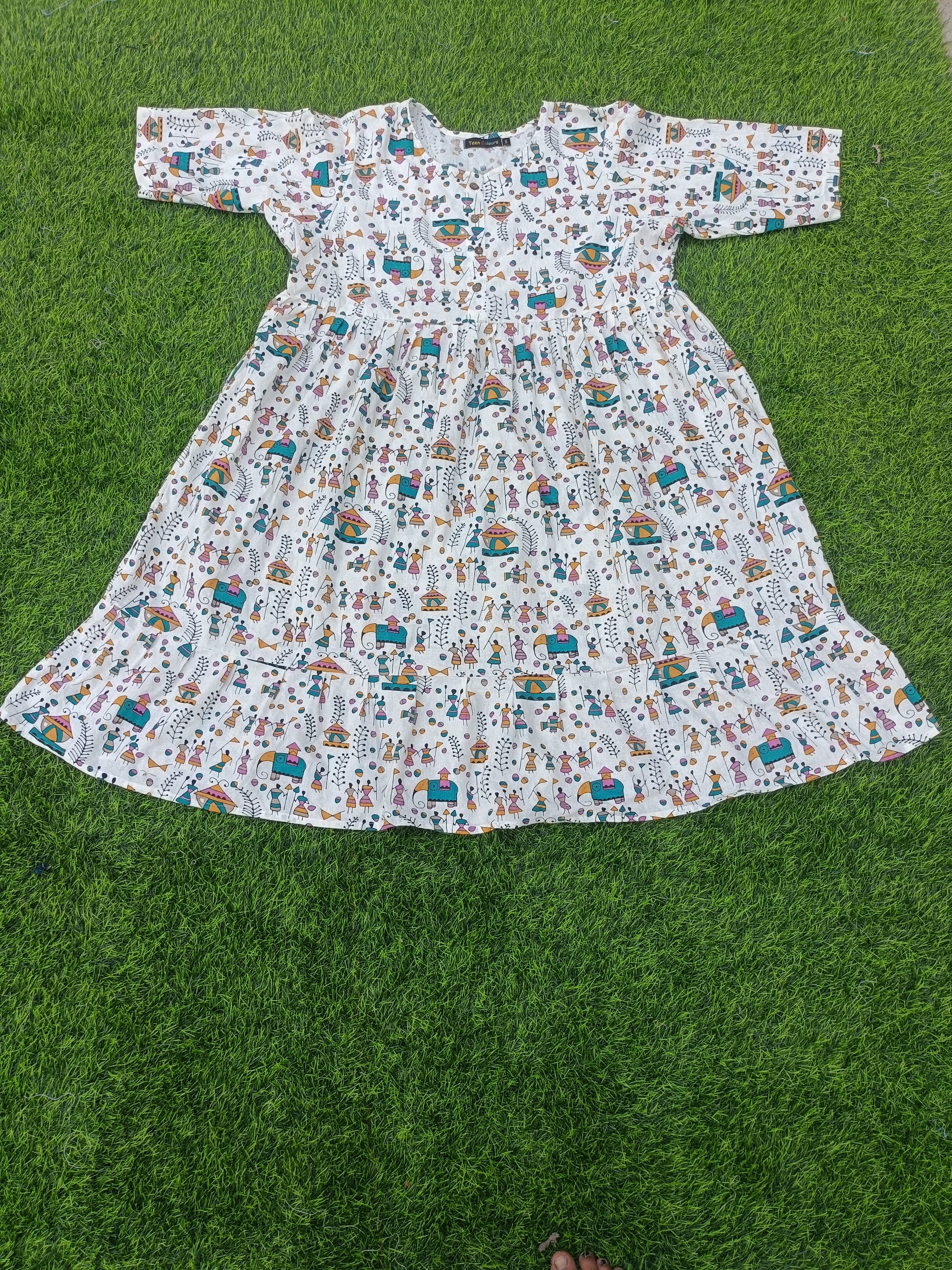Women's Off-White with Multicolour  Printed Flared Umbrella model kurti with Elbow Sleeves