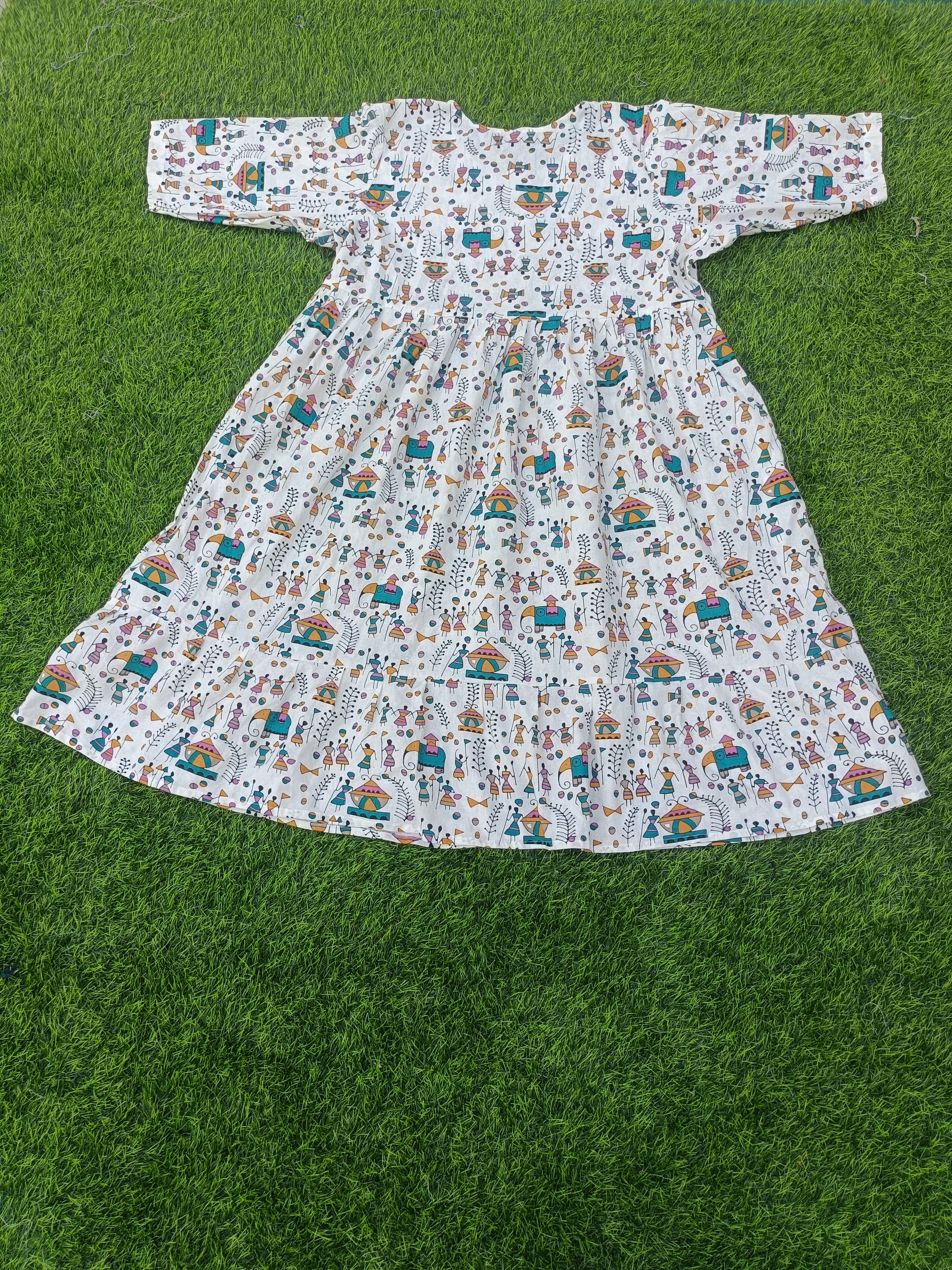 Women's Off-White with Multicolour  Printed Flared Umbrella model kurti with Elbow Sleeves