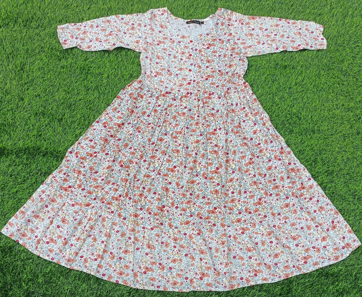 Women'sOff-White with Orange and Pink Floral Print Flared Umbrella model kurti with Elbow Sleeves