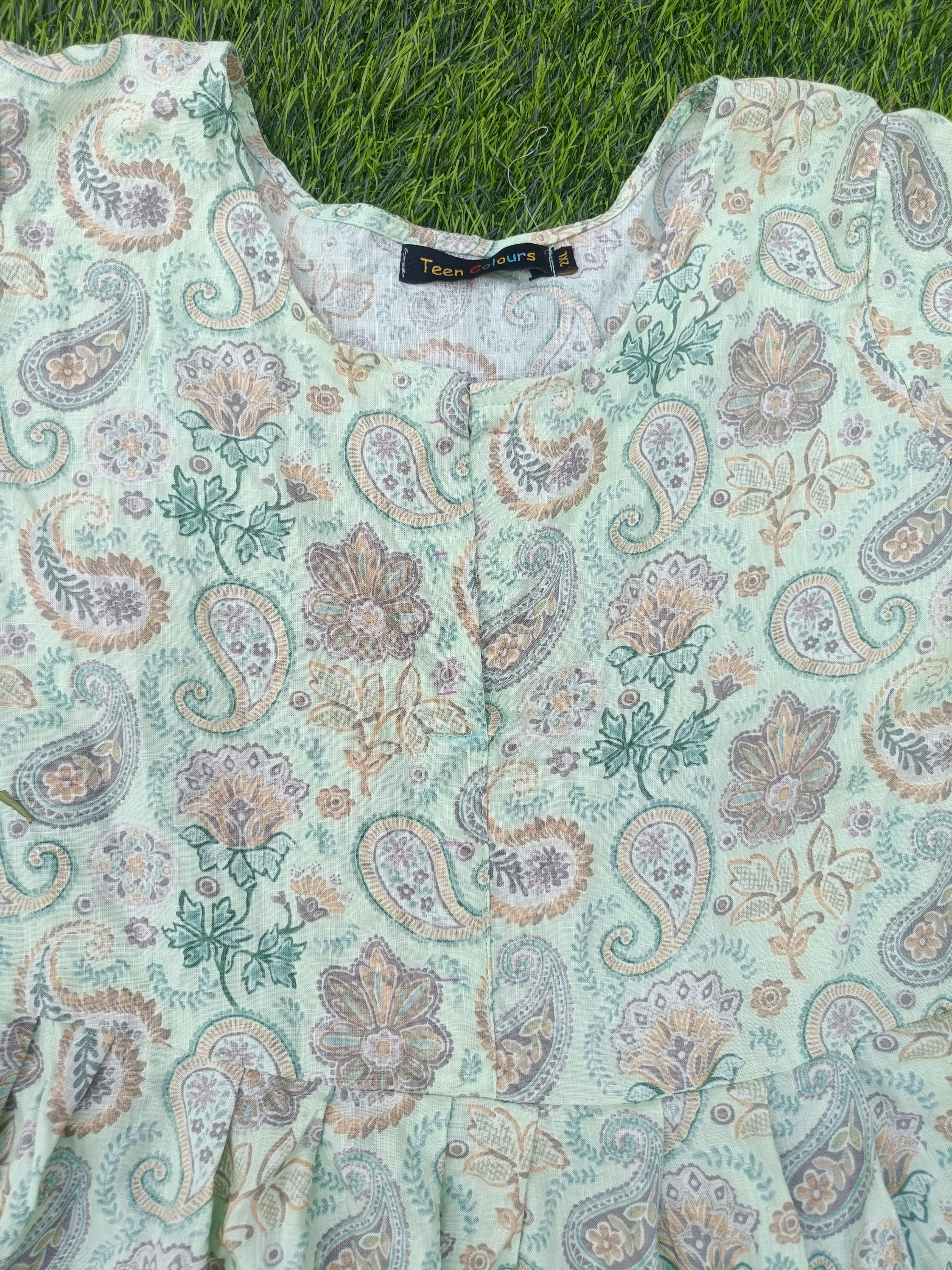 Women's Pista Green Printed Flared Umbrella model kurti with Elbow Sleeves