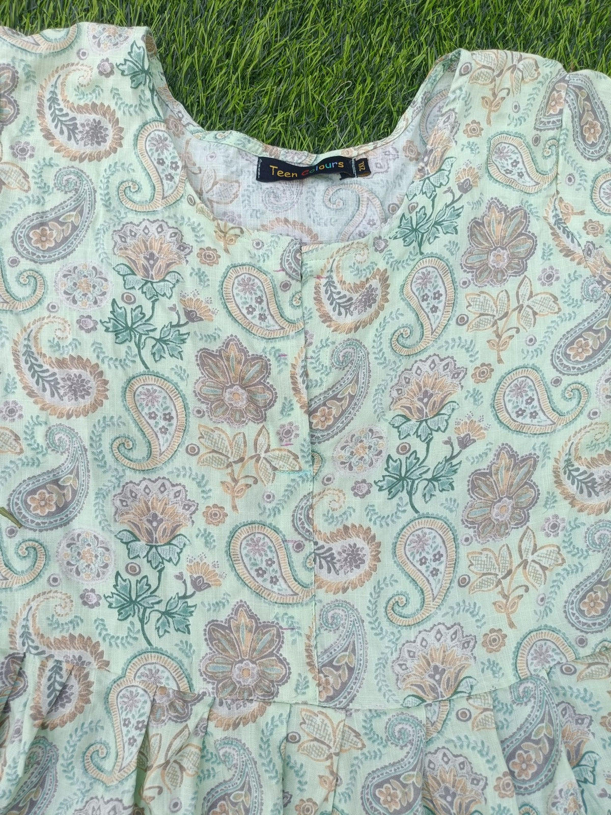Women's Pista Green Printed Flared Umbrella model kurti with Elbow Sleeves