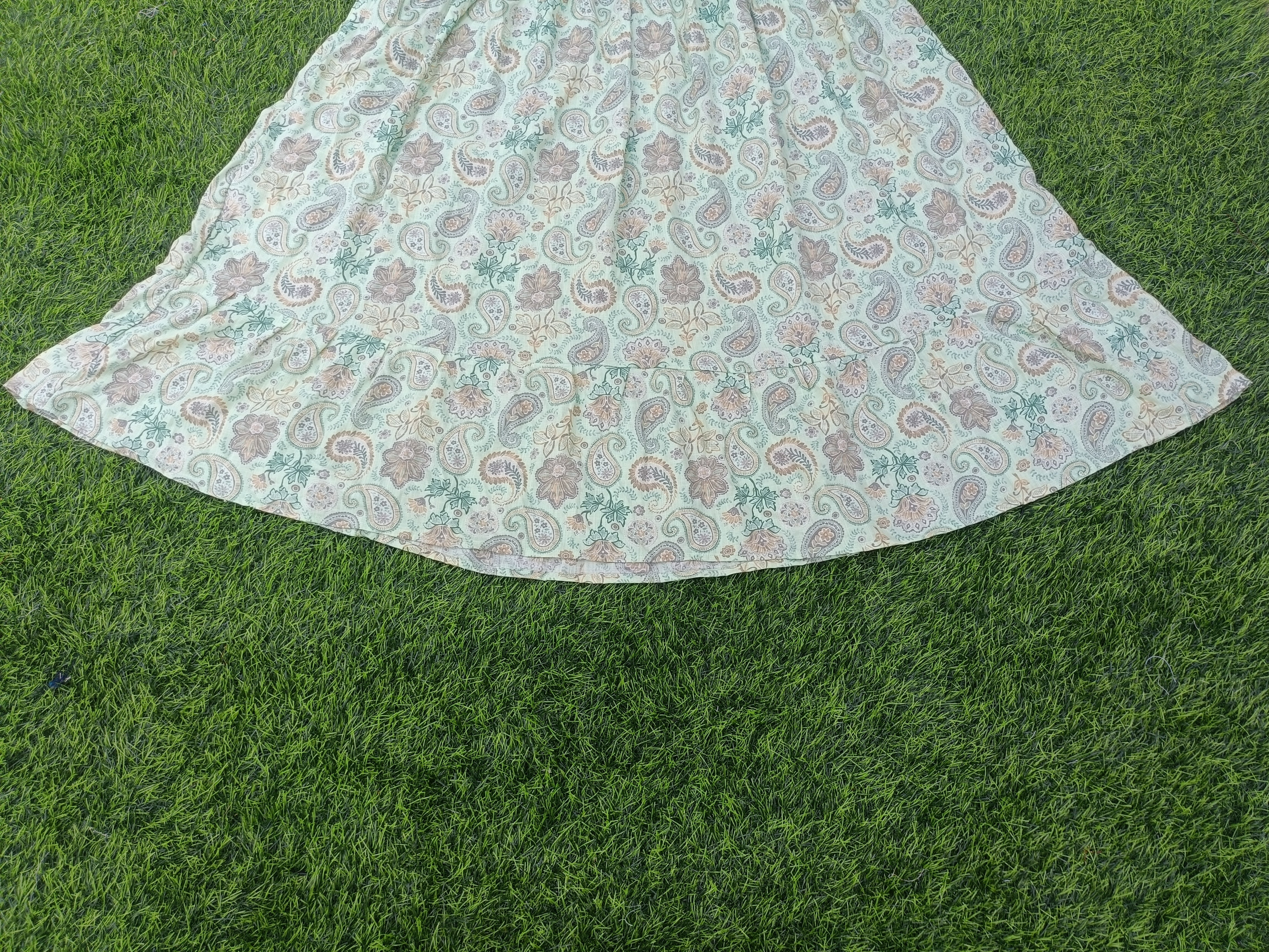 Women's Pista Green Printed Flared Umbrella model kurti with Elbow Sleeves