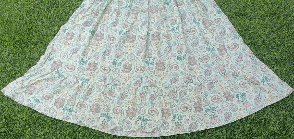 Women's Pista Green Printed Flared Umbrella model kurti with Elbow Sleeves