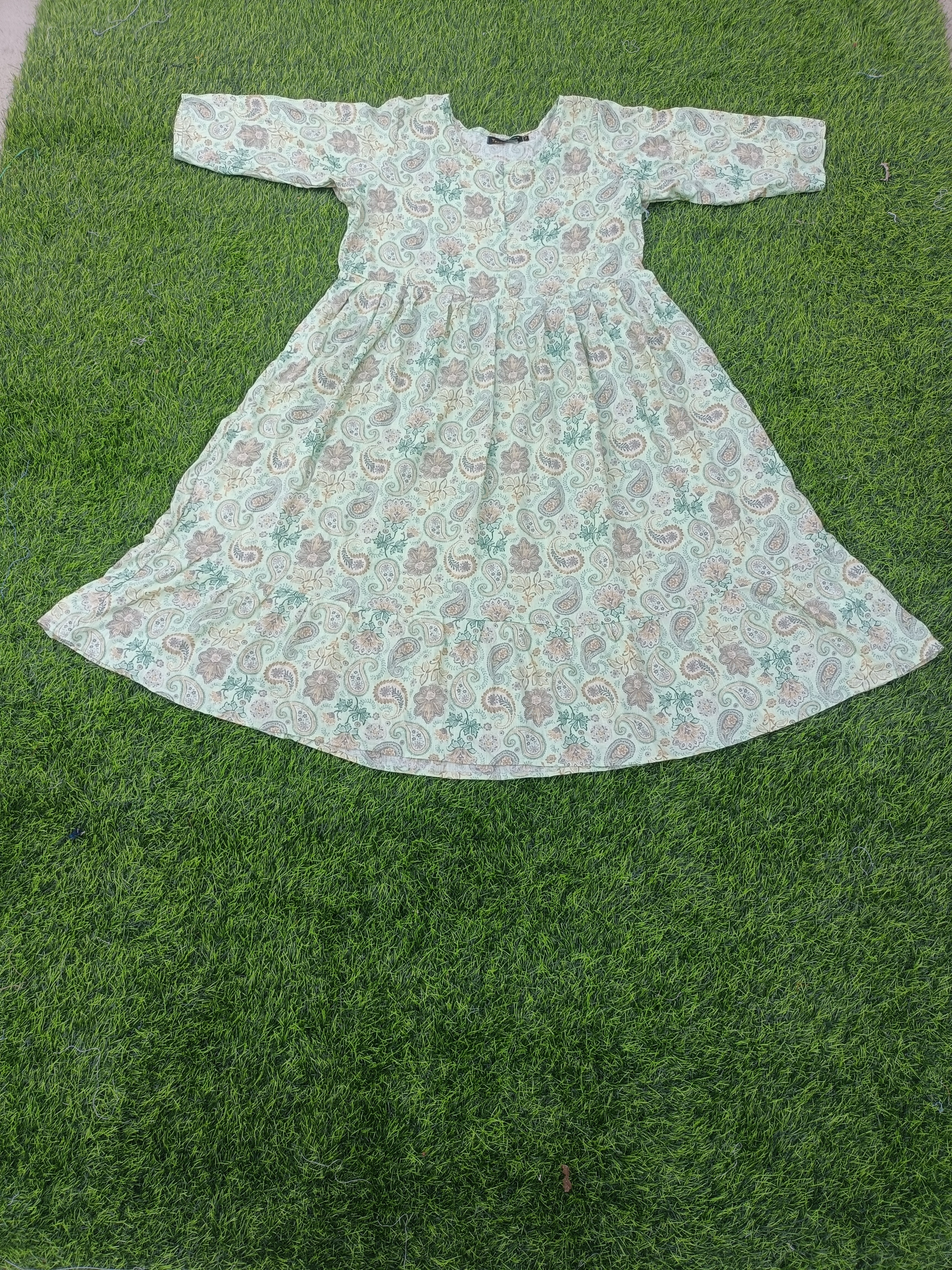 Women's Pista Green Printed Flared Umbrella model kurti with Elbow Sleeves