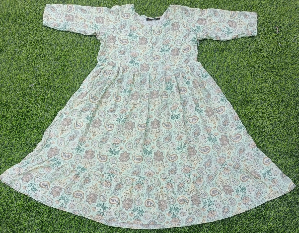 Women's Pista Green Printed Flared Umbrella model kurti with Elbow Sleeves