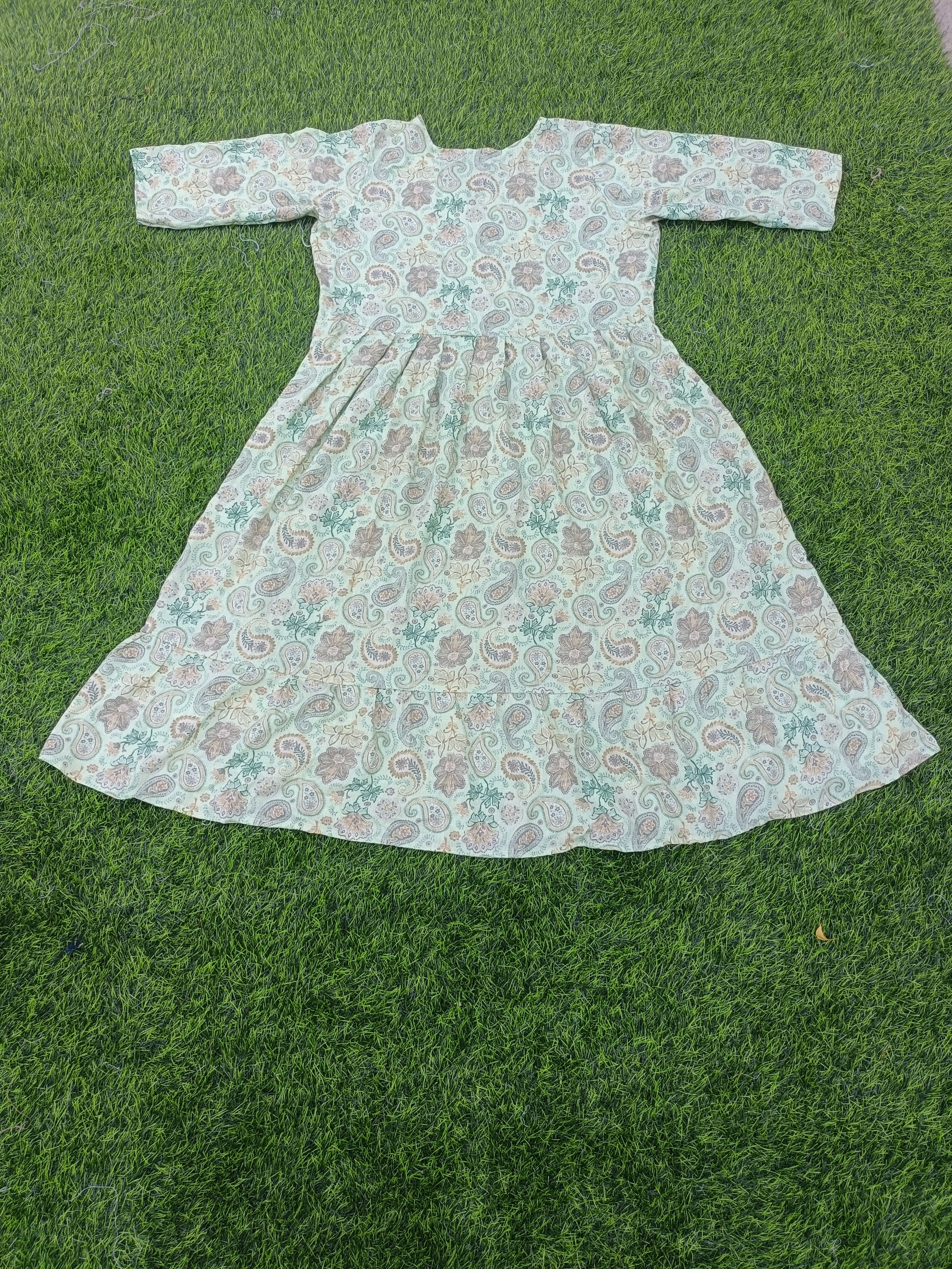 Women's Pista Green Printed Flared Umbrella model kurti with Elbow Sleeves