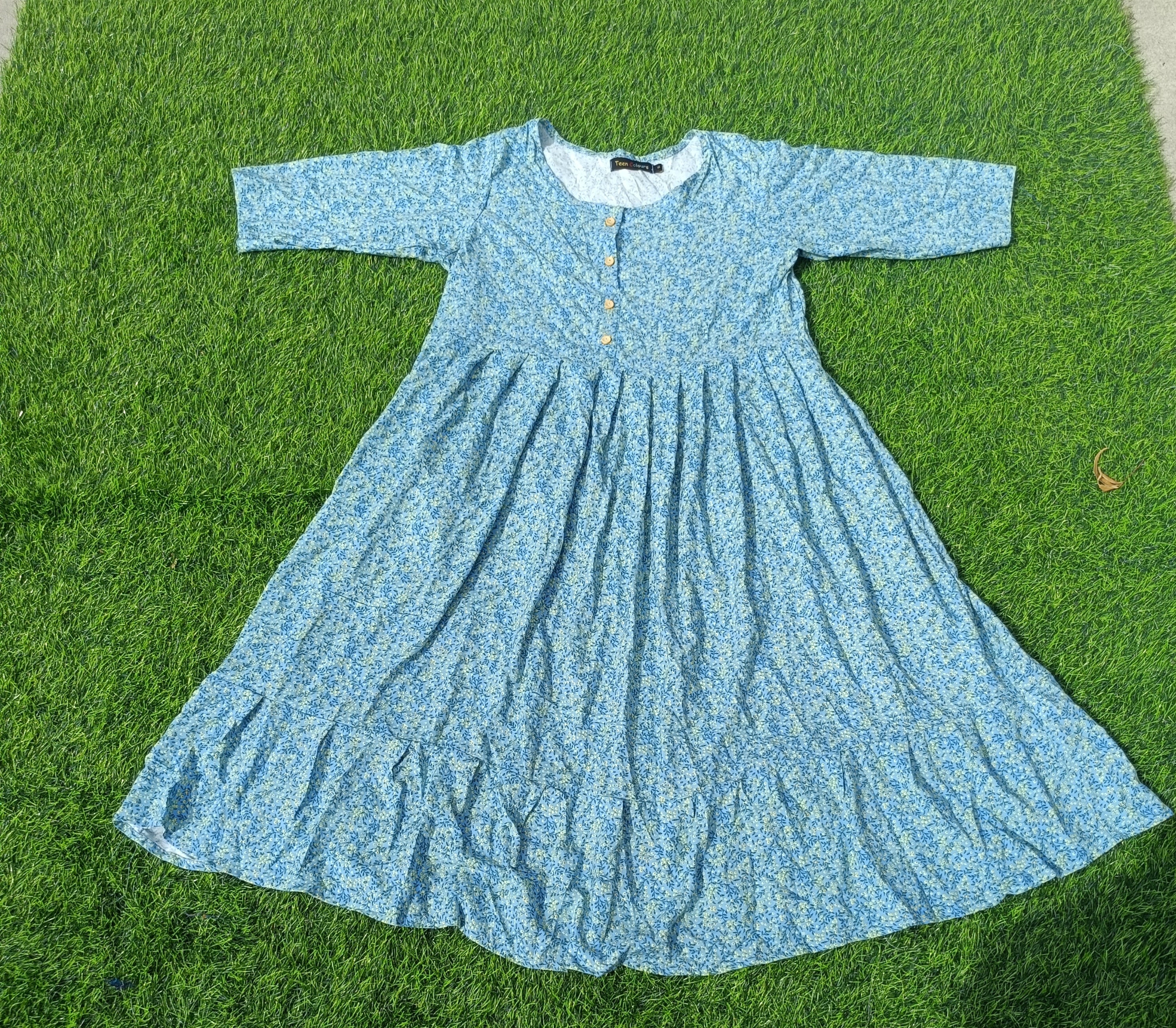 Women's Light Blue Printed Flared Umbrella model kurti with Elbow Sleeves