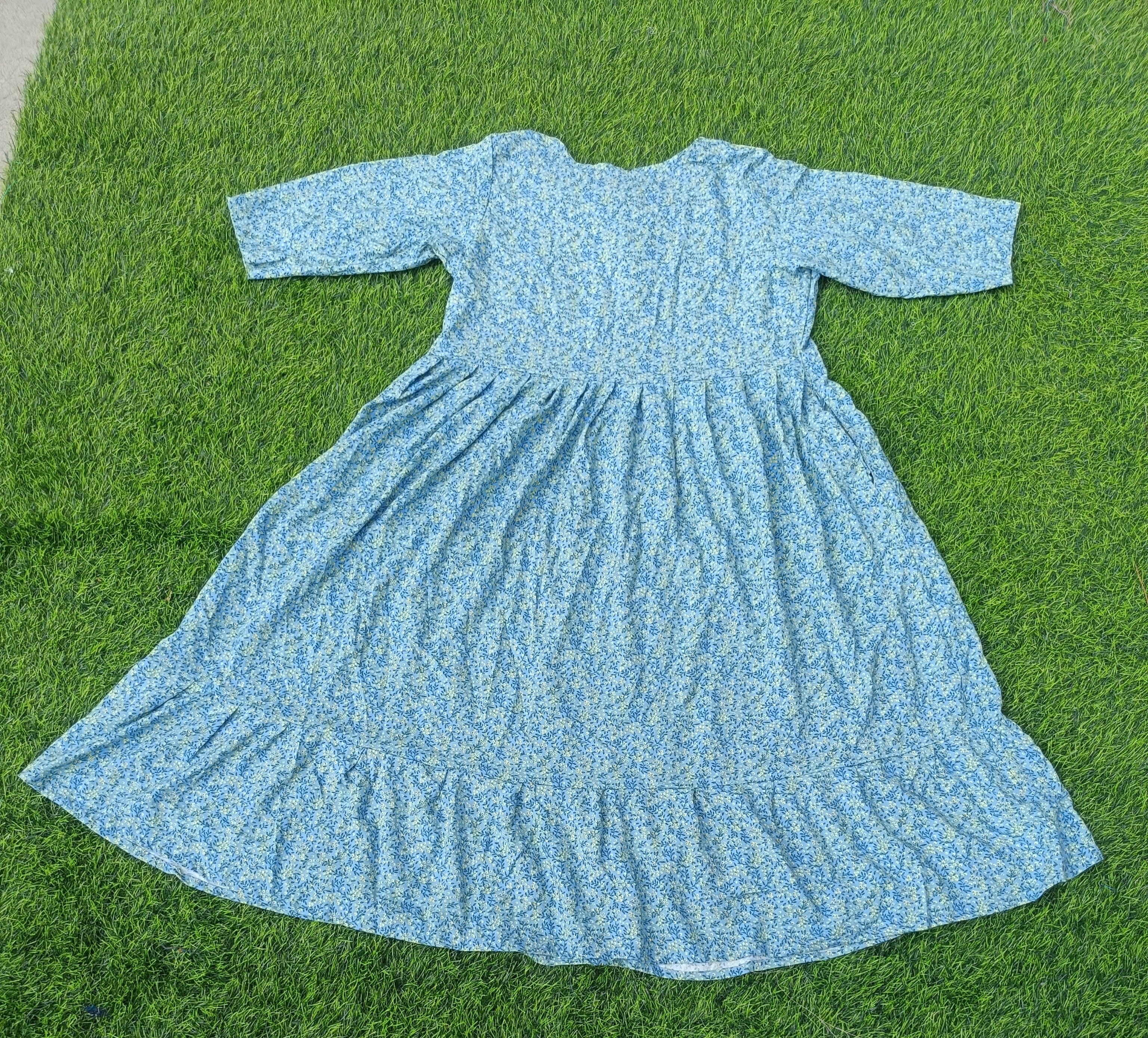Women's Light Blue Printed Flared Umbrella model kurti with Elbow Sleeves