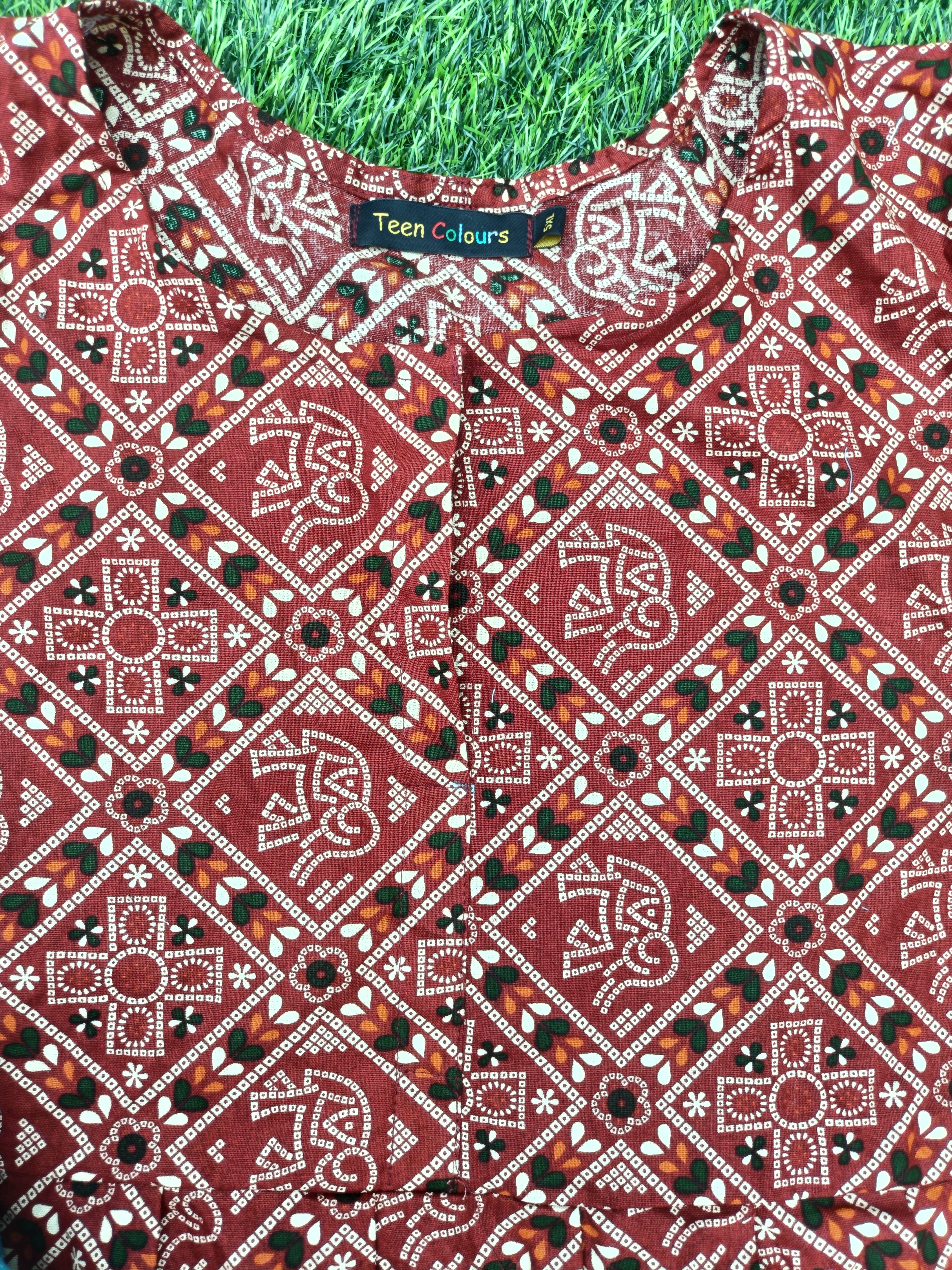 Women's Maroon red color Printed Flared Umbrella model kurti with Elbow Sleeves