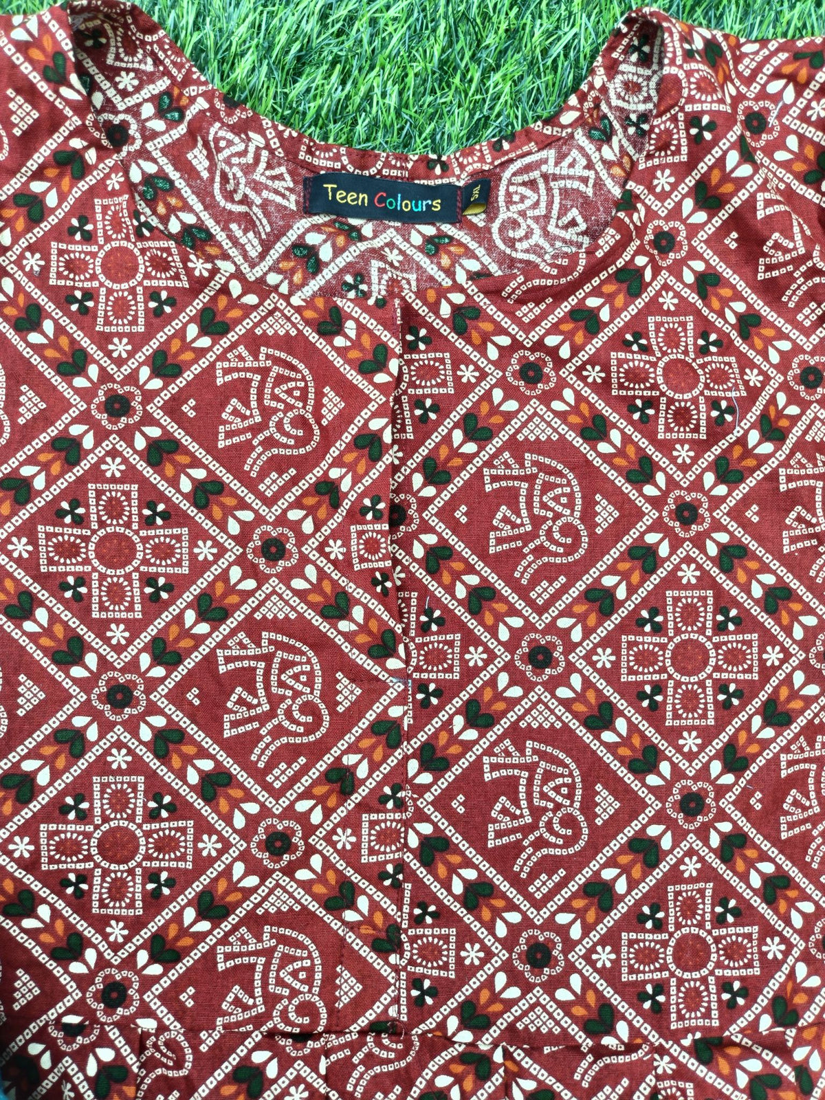 Women's Maroon red color Printed Flared Umbrella model kurti with Elbow Sleeves
