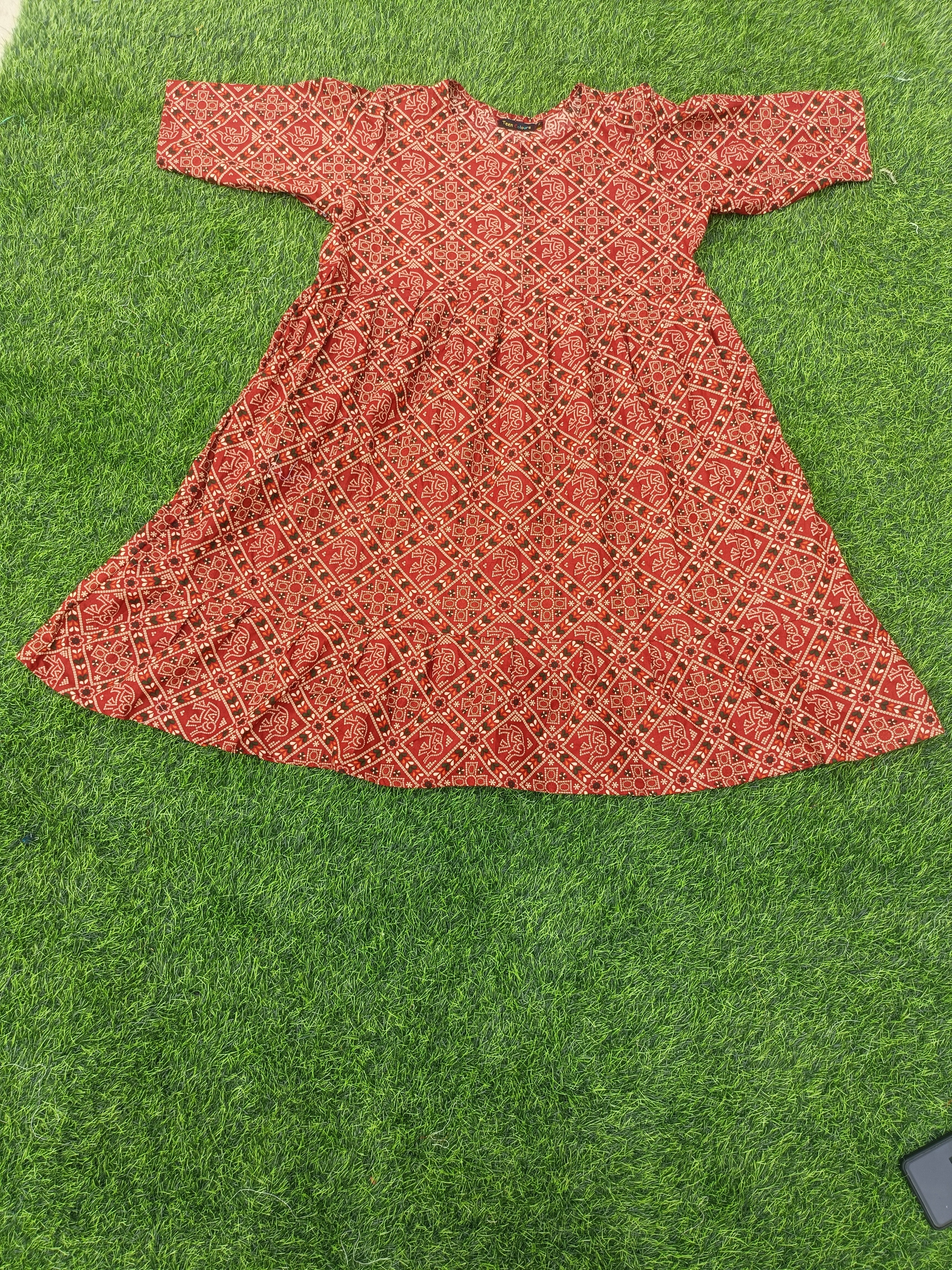Women's Maroon red color Printed Flared Umbrella model kurti with Elbow Sleeves