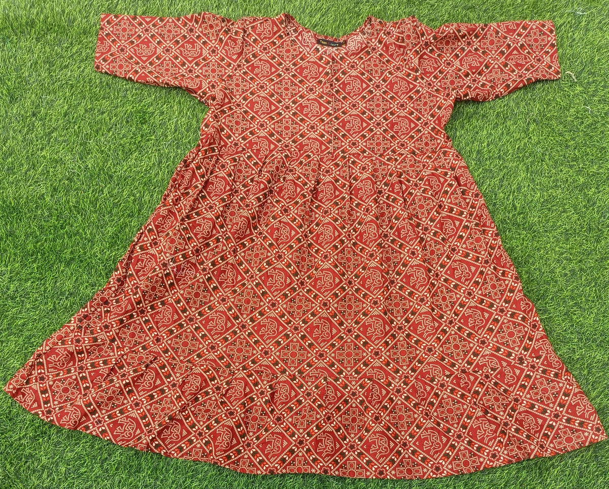 Women's Maroon red color Printed Flared Umbrella model kurti with Elbow Sleeves