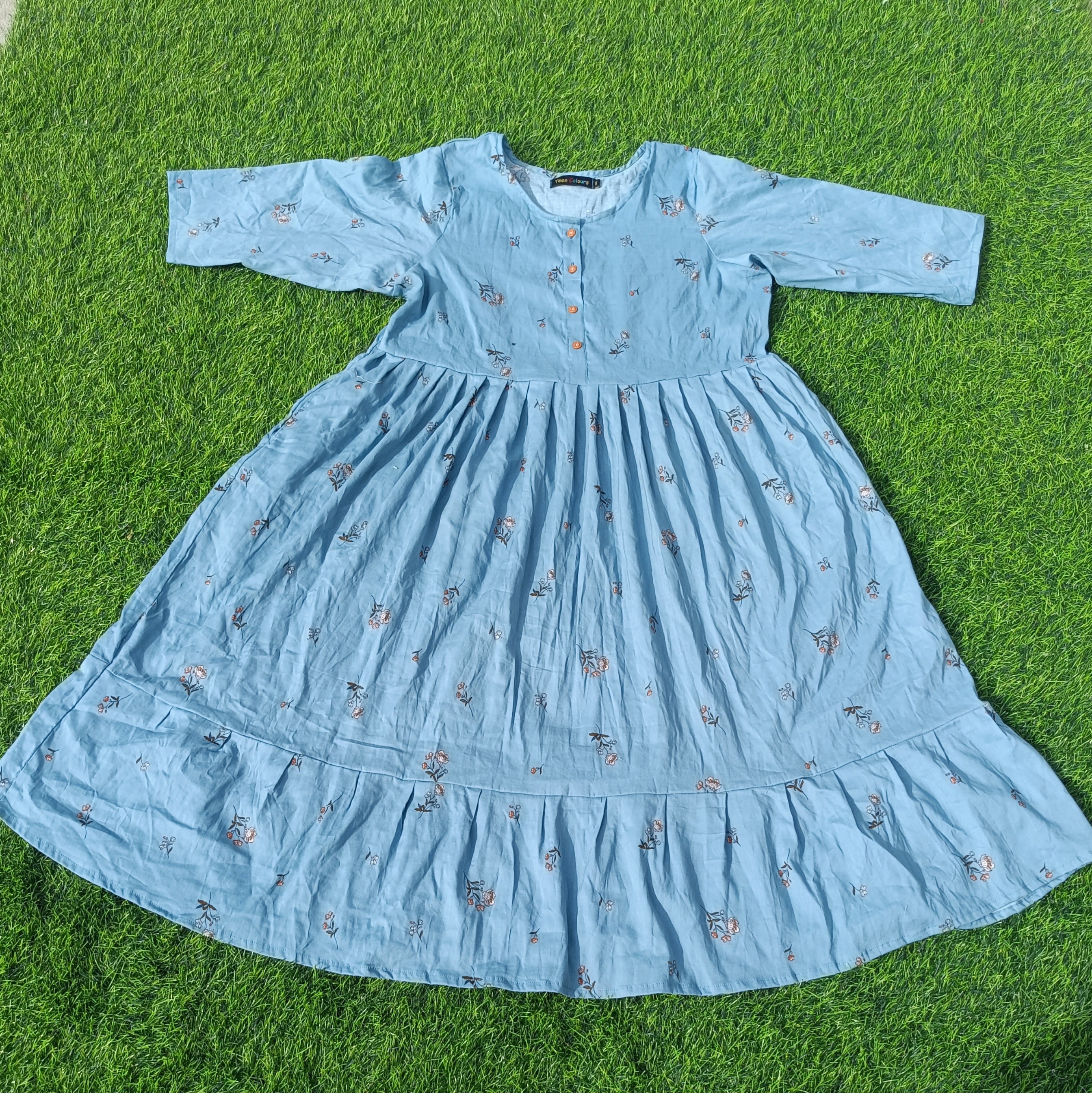 Women's's Light Blue Printed Flared Umbrella model kurti with Elbow Sleeves