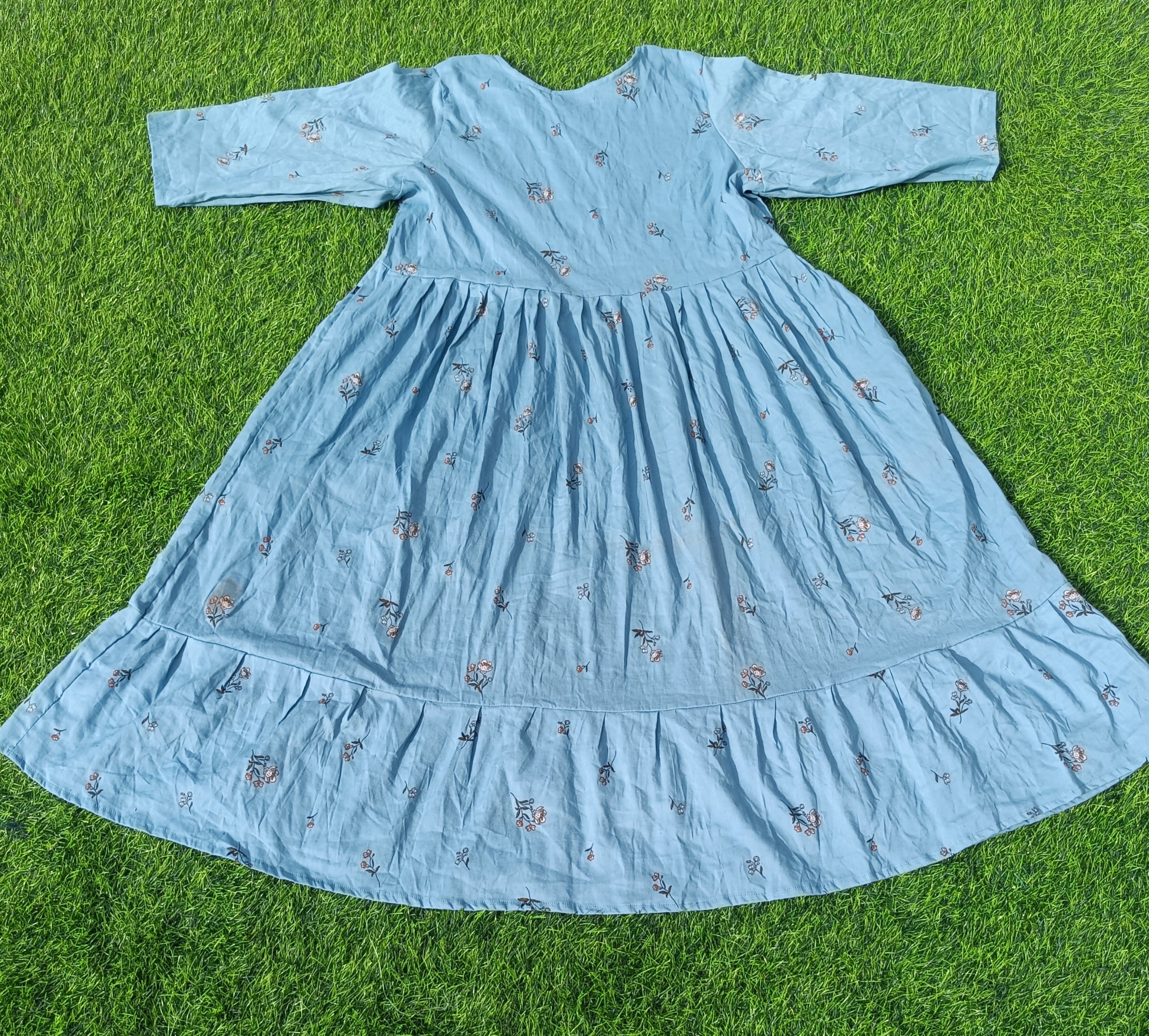 Women's's Light Blue Printed Flared Umbrella model kurti with Elbow Sleeves