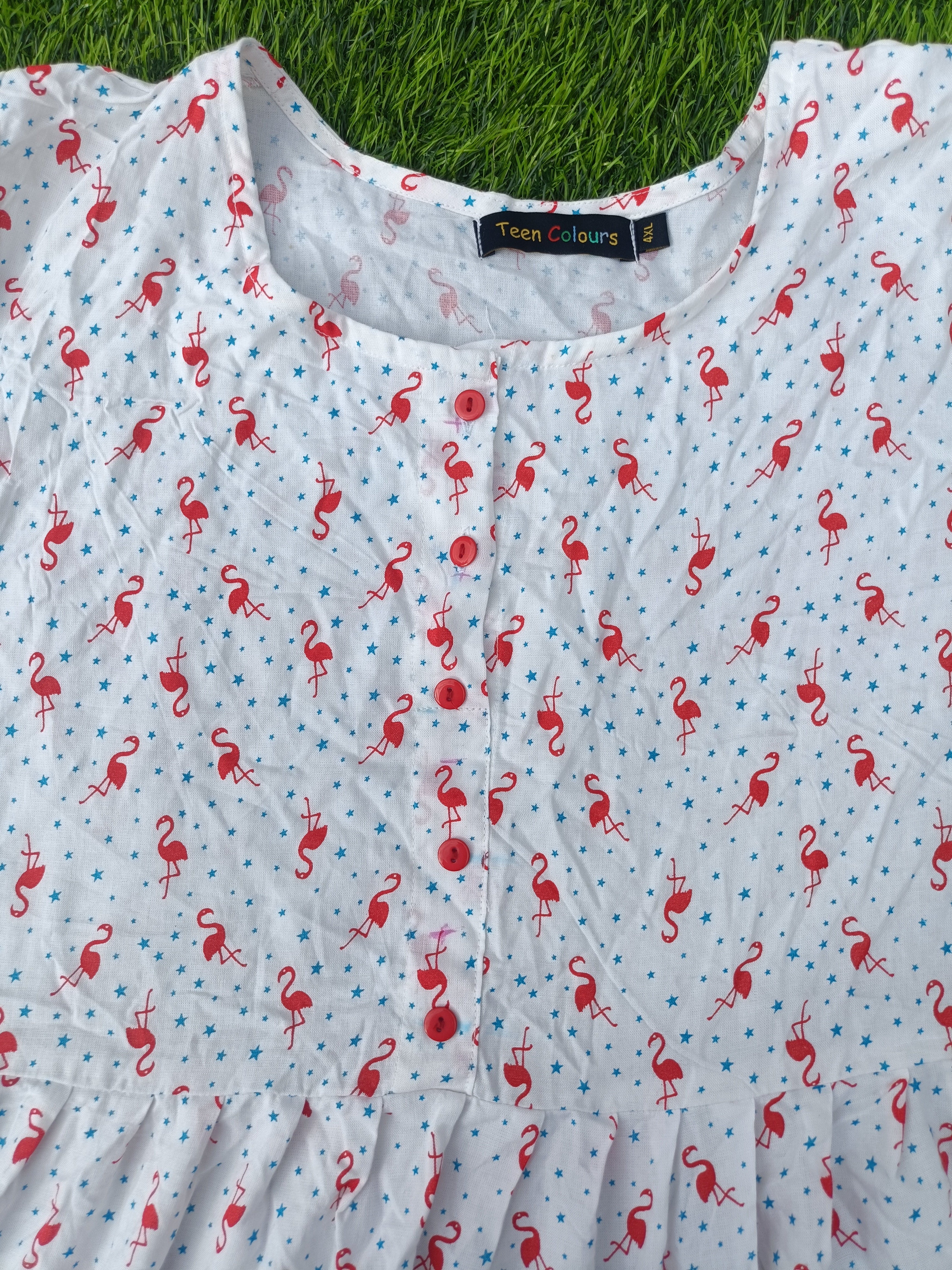Women's Off-White with Red and Blue Print Flared Umbrella model kurti with Elbow Sleeves