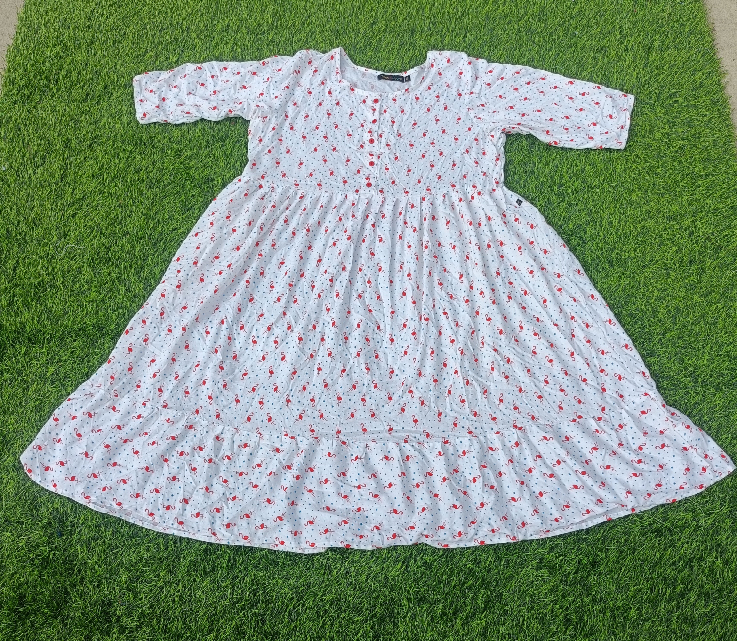Women's Off-White with Red and Blue Print Flared Umbrella model kurti with Elbow Sleeves