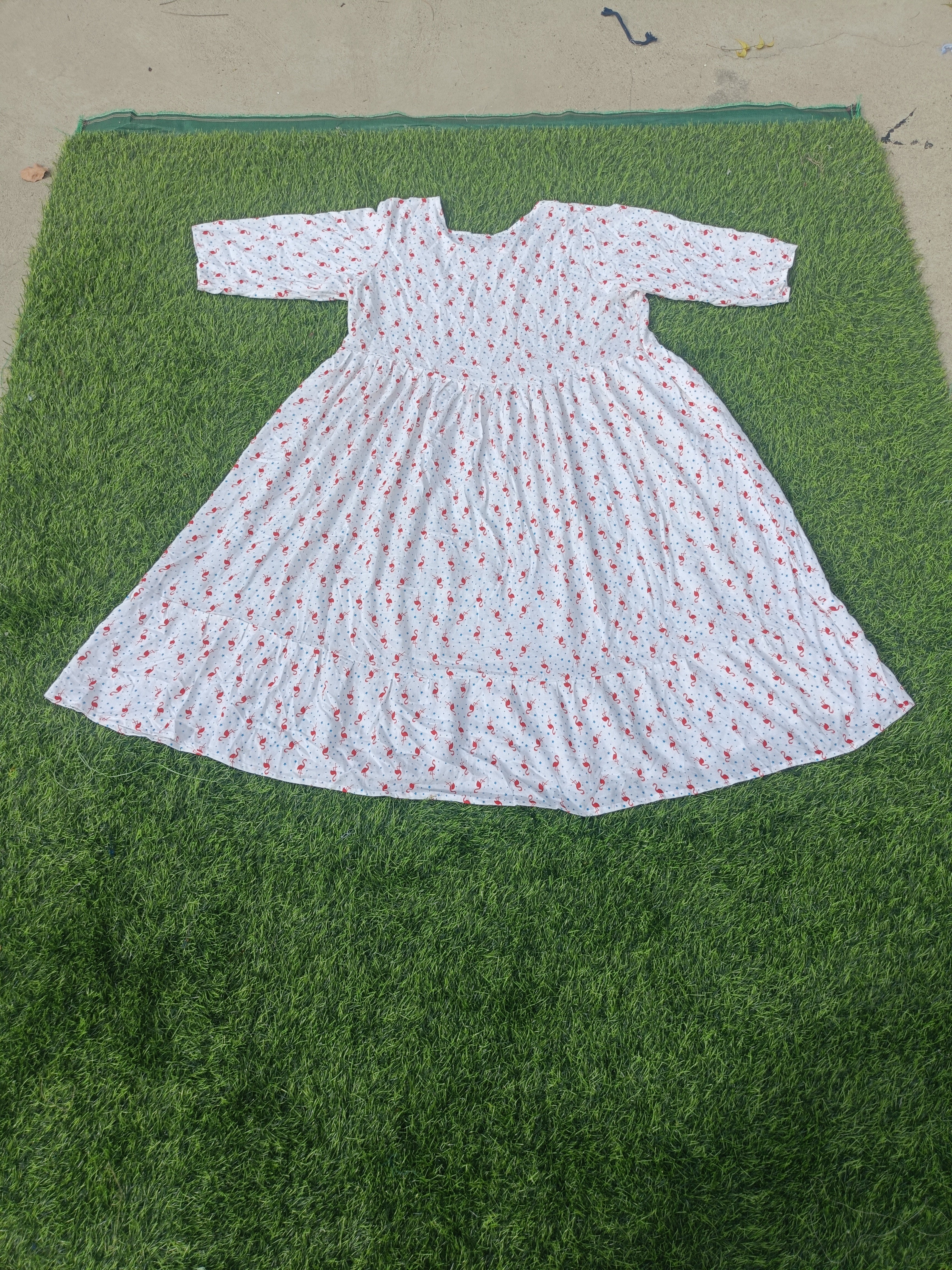 Women's Off-White with Red and Blue Print Flared Umbrella model kurti with Elbow Sleeves