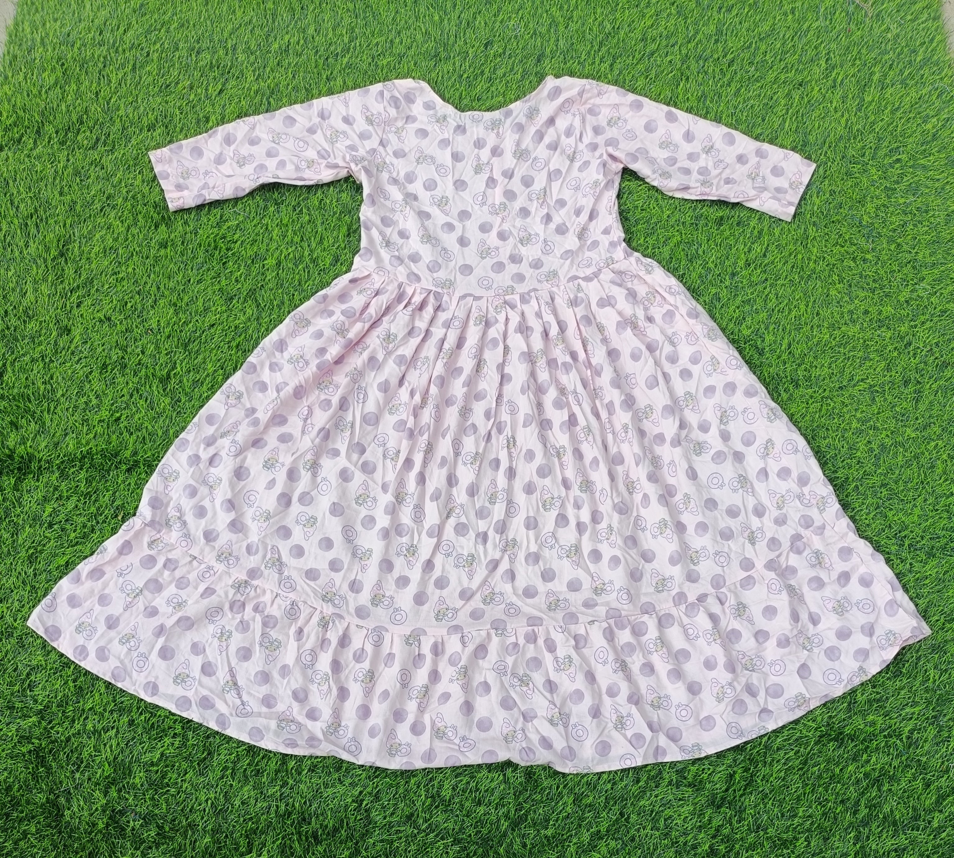 Women's Light Pink and Lavender Printed Flared Umbrella model kurti with Elbow Sleeves