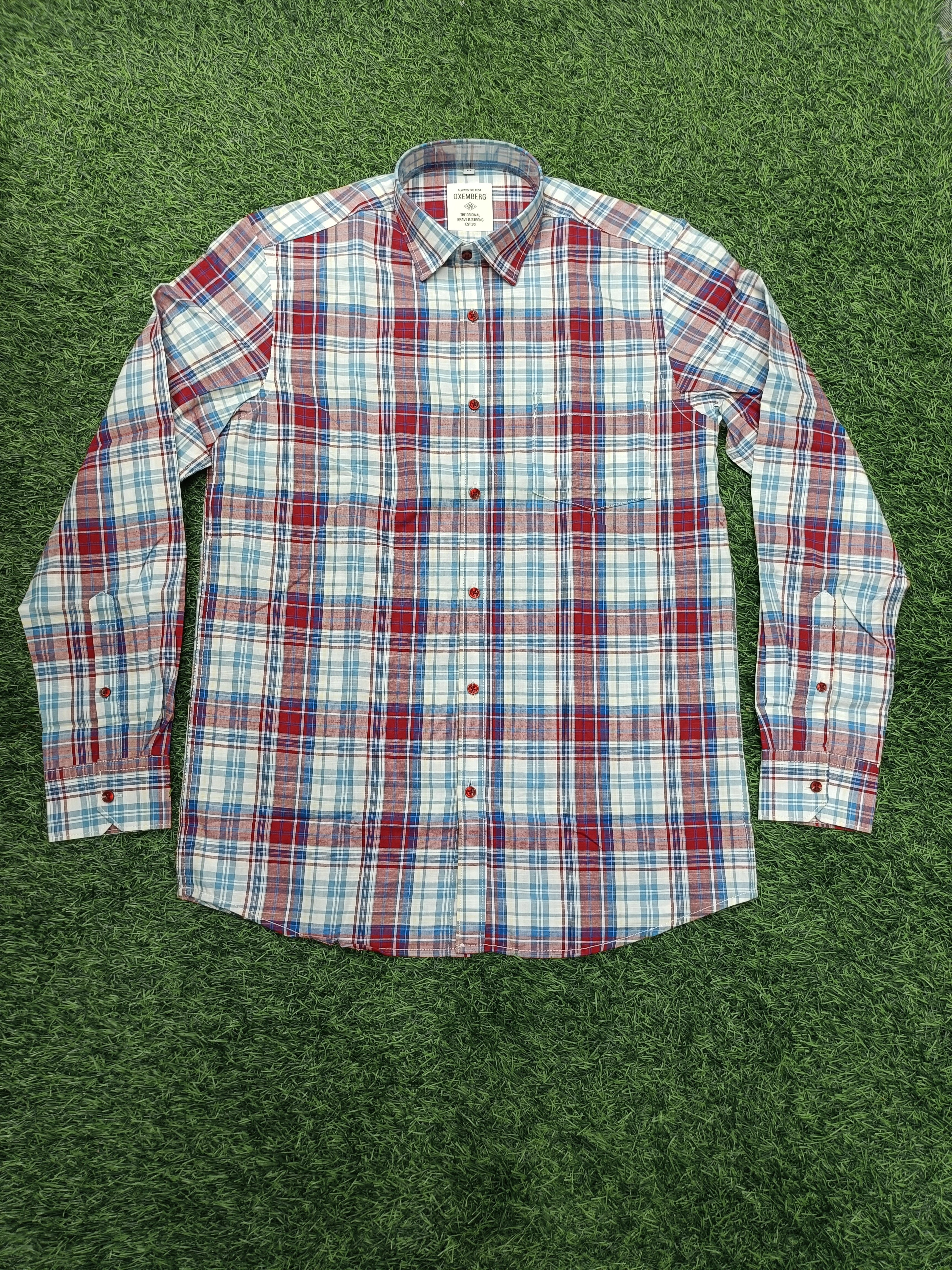 Men's Checkered Red, Blue, and White Casual Cotton Shirt