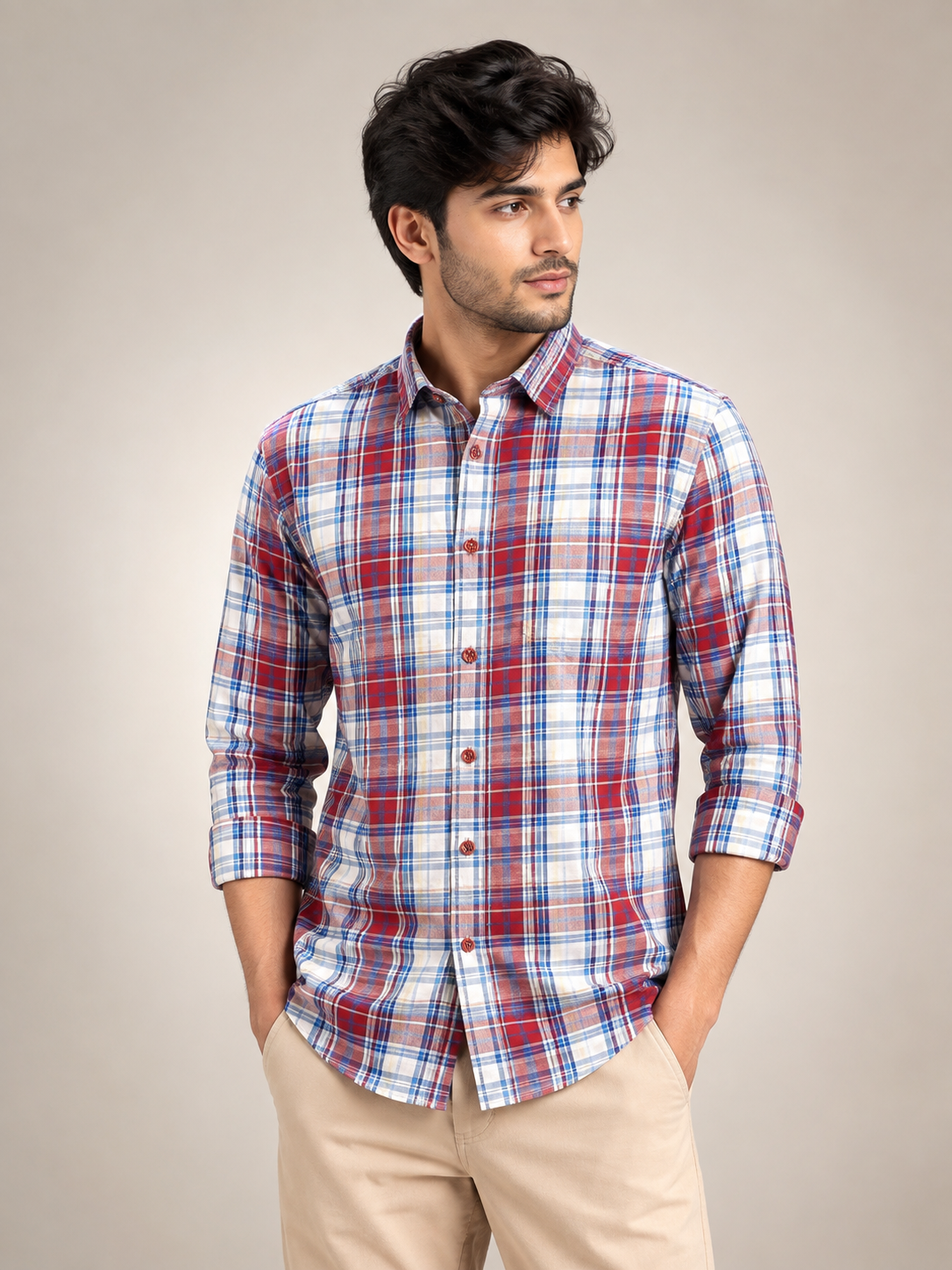 Men's Checkered Red, Blue, and White Casual Cotton Shirt