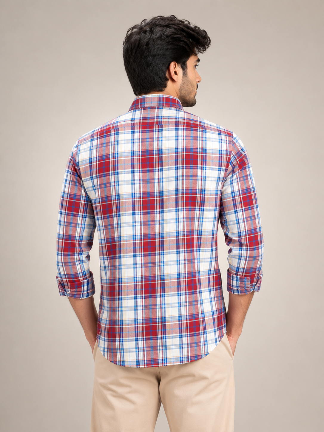 Men's Checkered Red, Blue, and White Casual Cotton Shirt