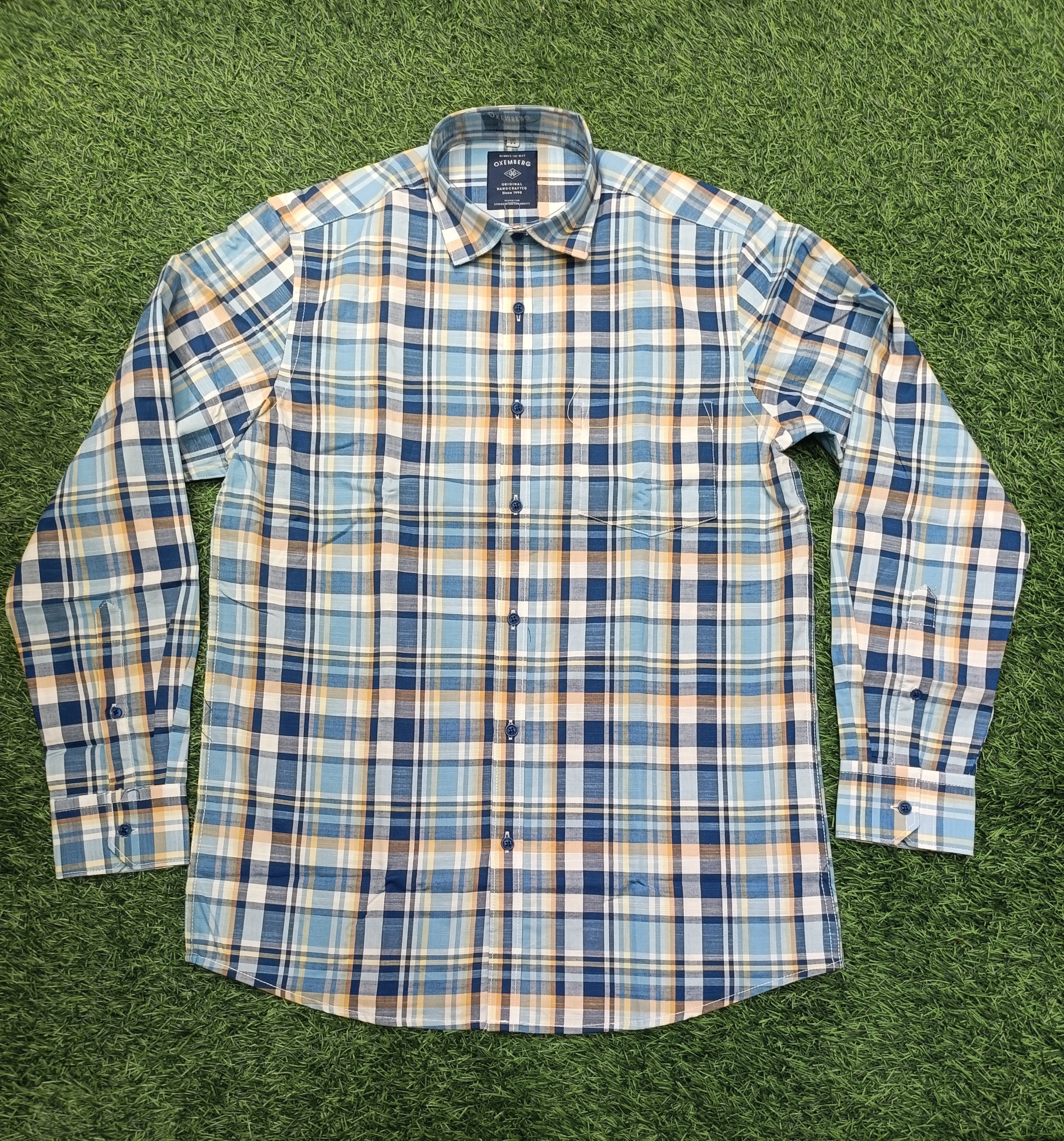 Men's Checkered Blue, Yellow, and White Casual Cotton Shirt