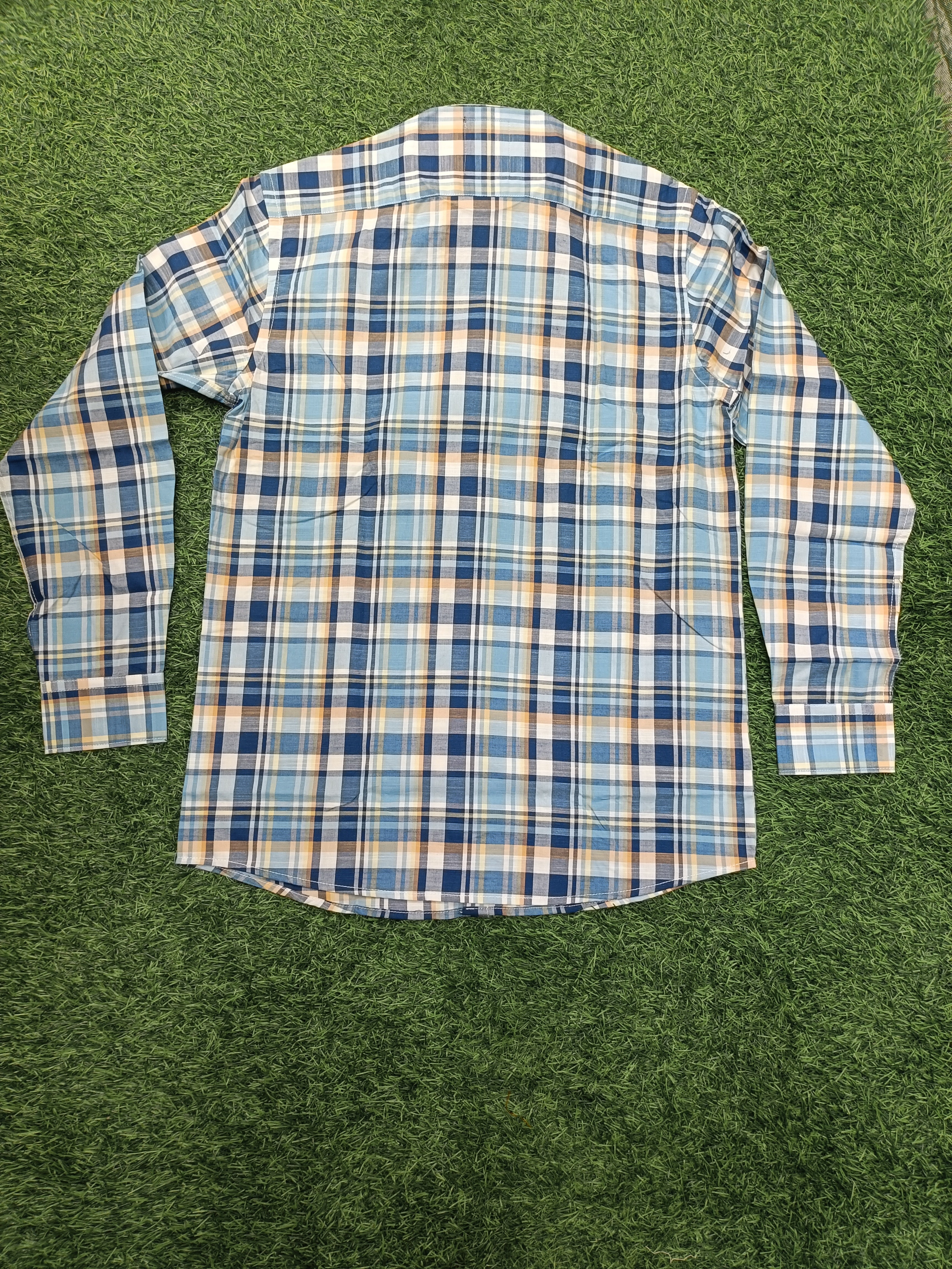 Men's Checkered Blue, Yellow, and White Casual Cotton Shirt