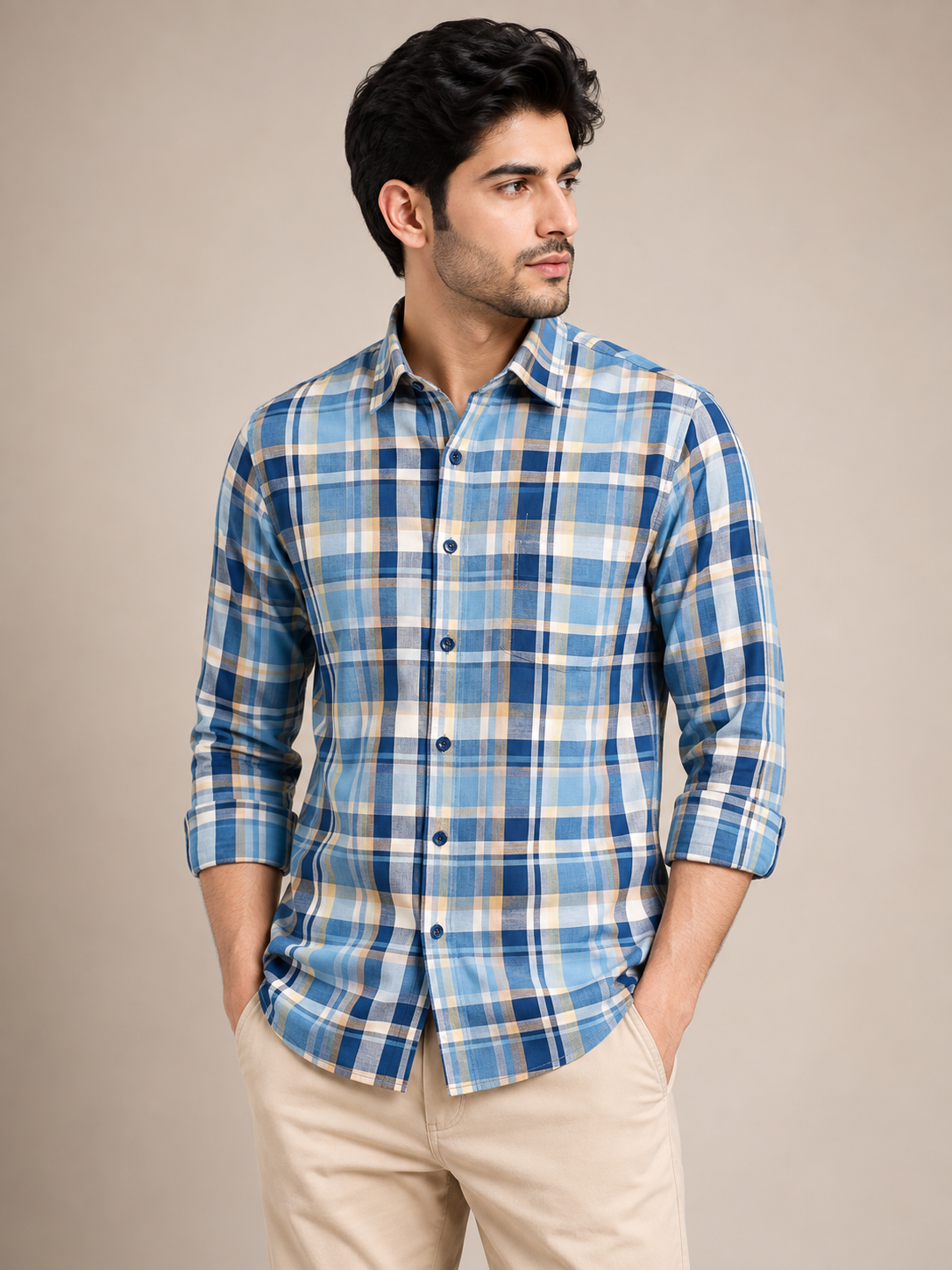 Men's Checkered Blue, Yellow, and White Casual Cotton Shirt