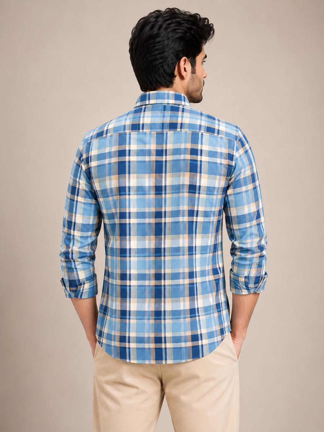 Men's Checkered Blue, Yellow, and White Casual Cotton Shirt