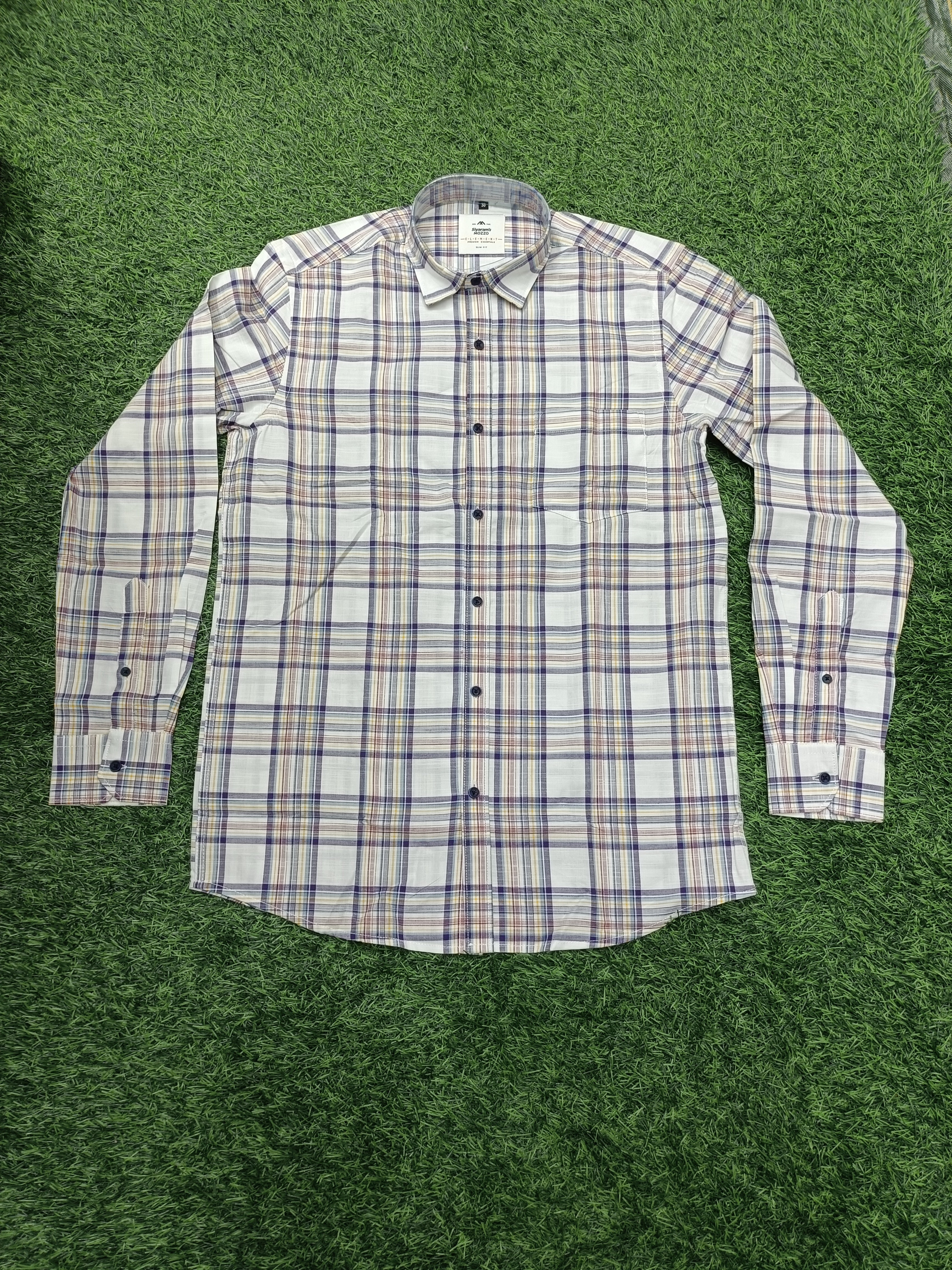 Men's Checkered Purple, Yellow, and White Casual Cotton Shirt