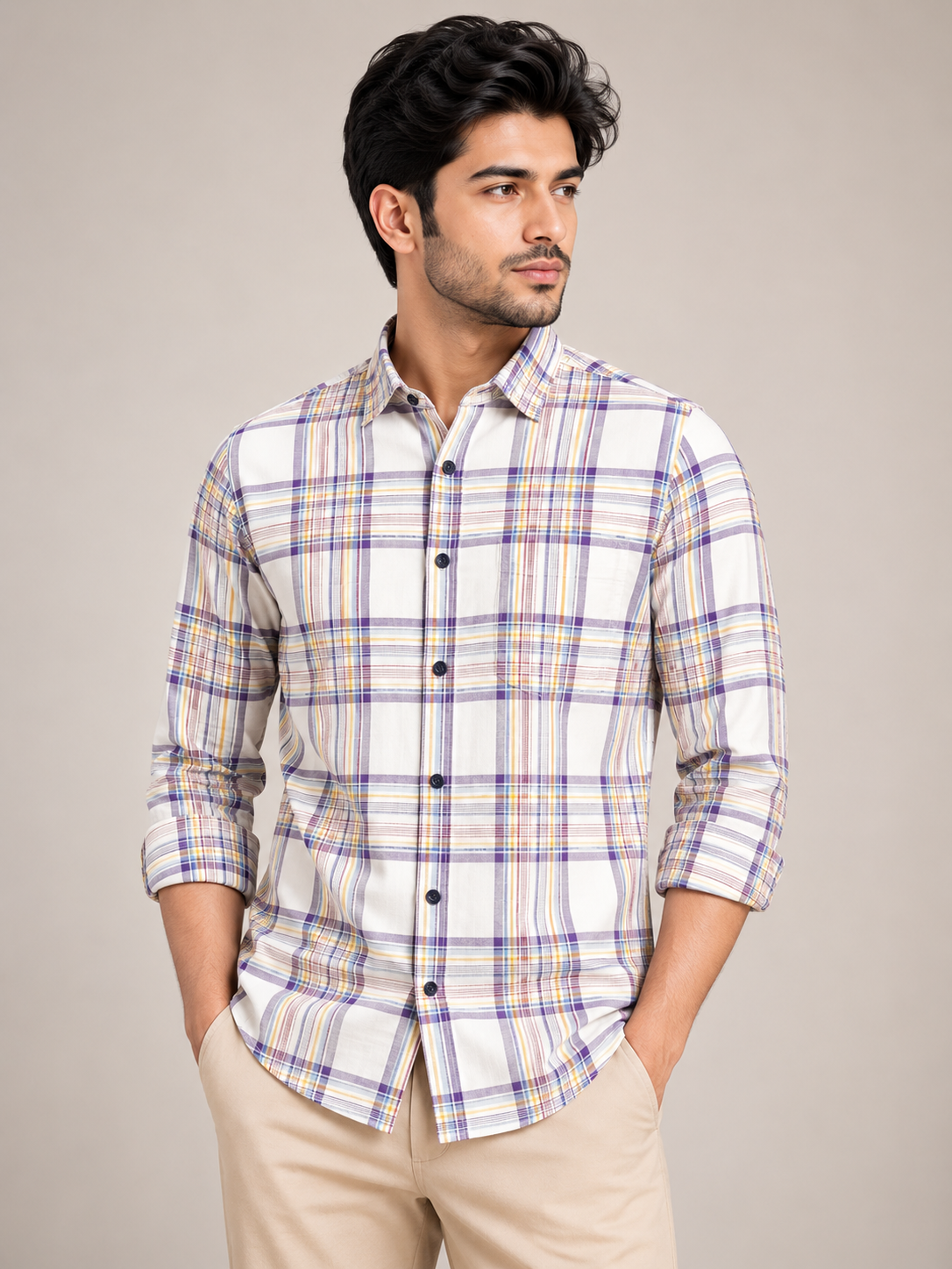 Men's Checkered Purple, Yellow, and White Casual Cotton Shirt